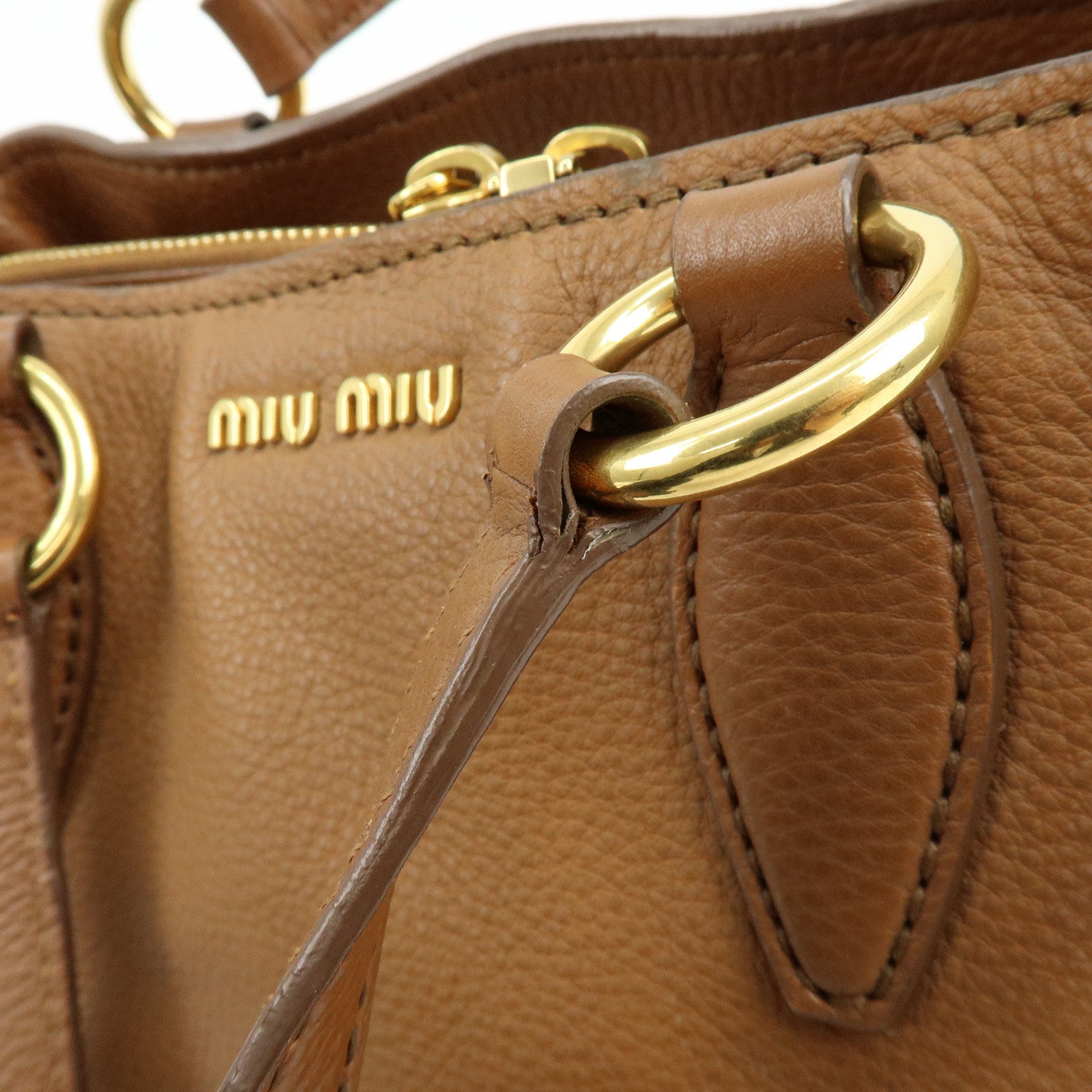 MIU MIU Leather Vitello Caribu 2Way Bag Hand Bag Brown RN0757