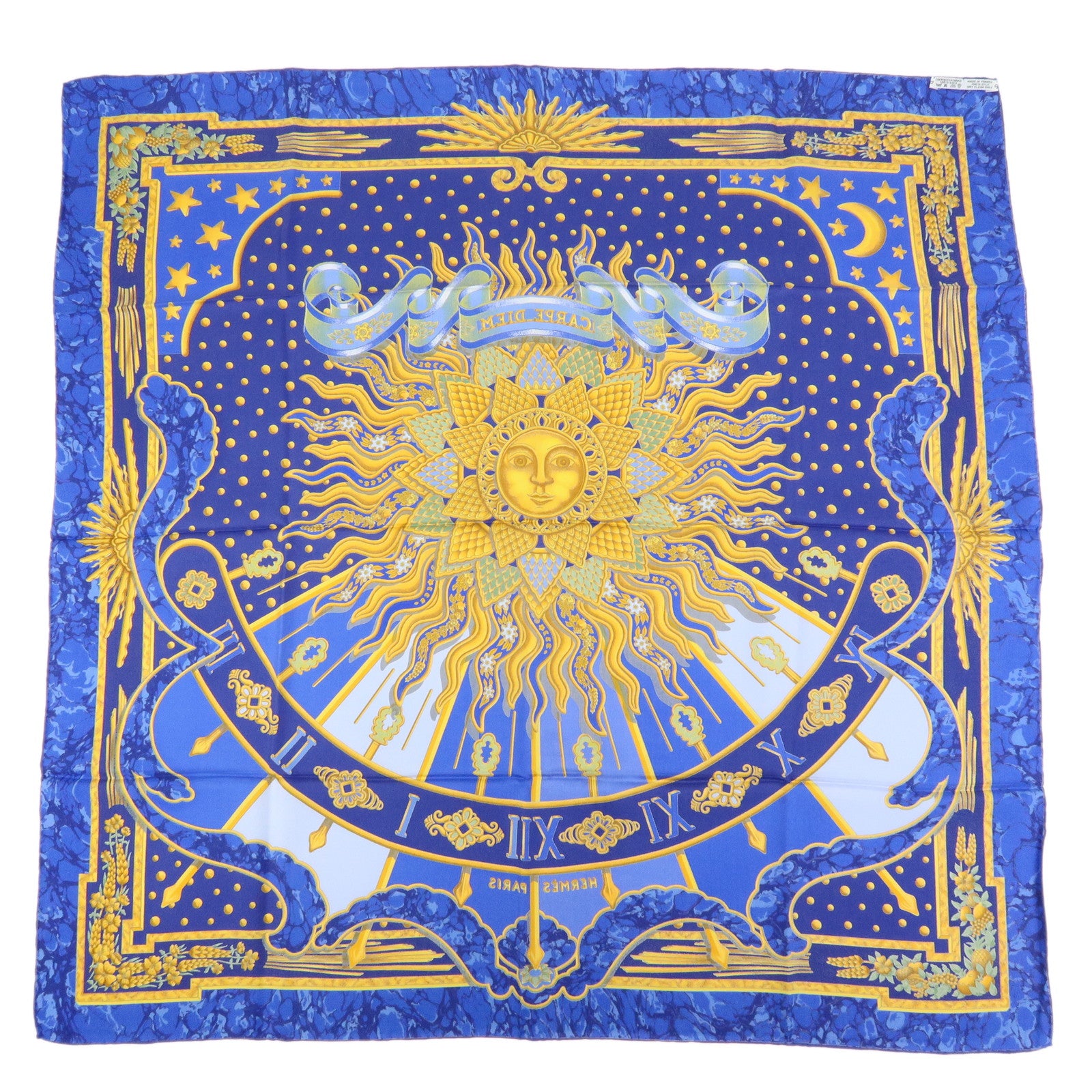 HERMES Carre 90 Silk 100% CARPE DIEM Scarf Navy Blue Yellow