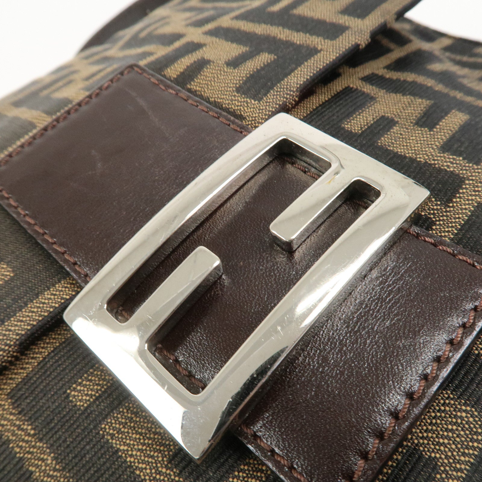 FENDI Zucca Canvas Leather Shoulder Bag Brown Black 26730