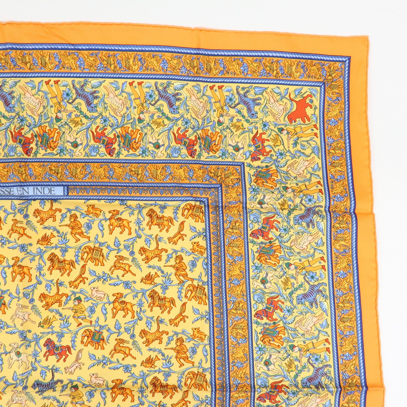 HERMES Carre 90 Silk 100% Scarf CHASSE EN INDE Orange Multicolor
