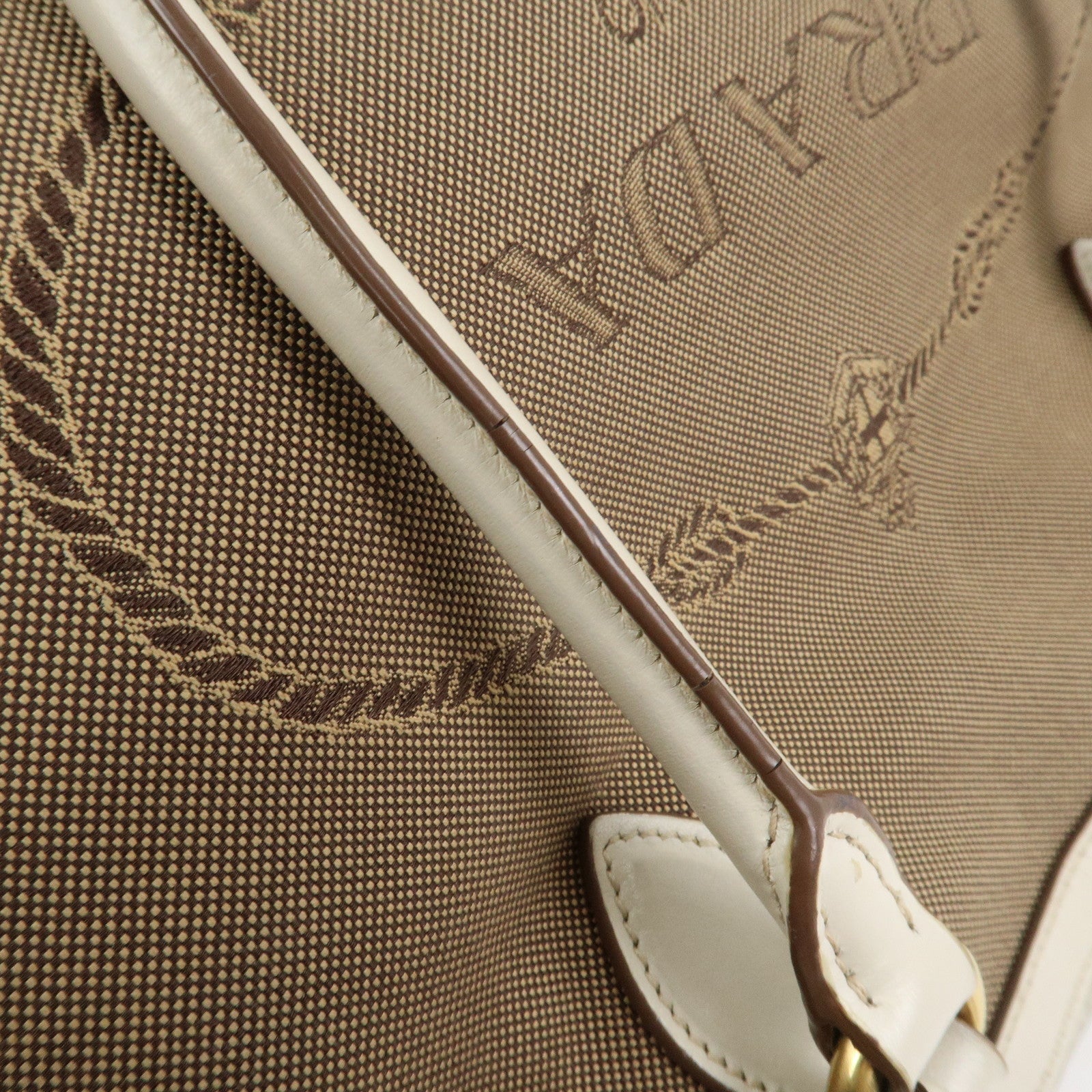 PRADA Logo Jacquard Leather Tote Bag Hand Bag Beige Ivory 1BG158