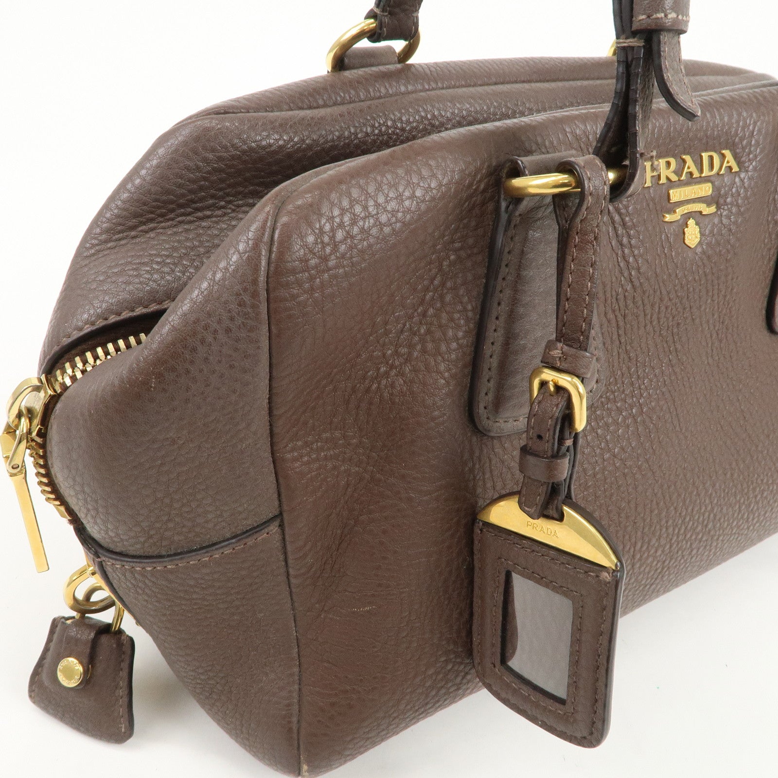 PRADA Logo Leather Shoulder Bag Boston Bag Hand Bag Brown B3091M