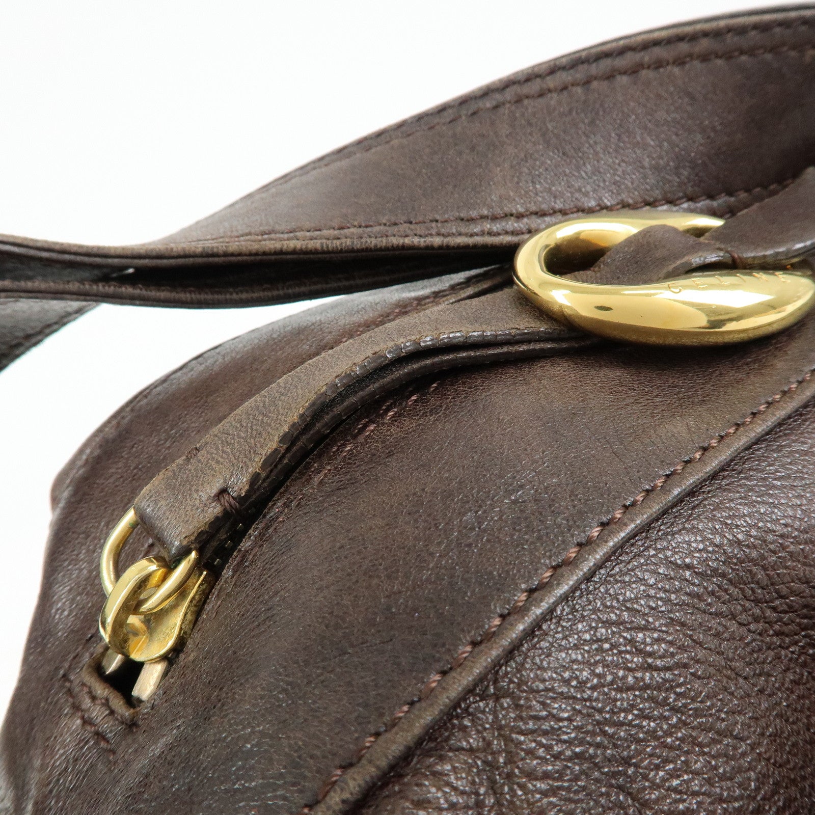 CELINE Side Ribbon Leather Shoulder Bag Hand Bag Brown