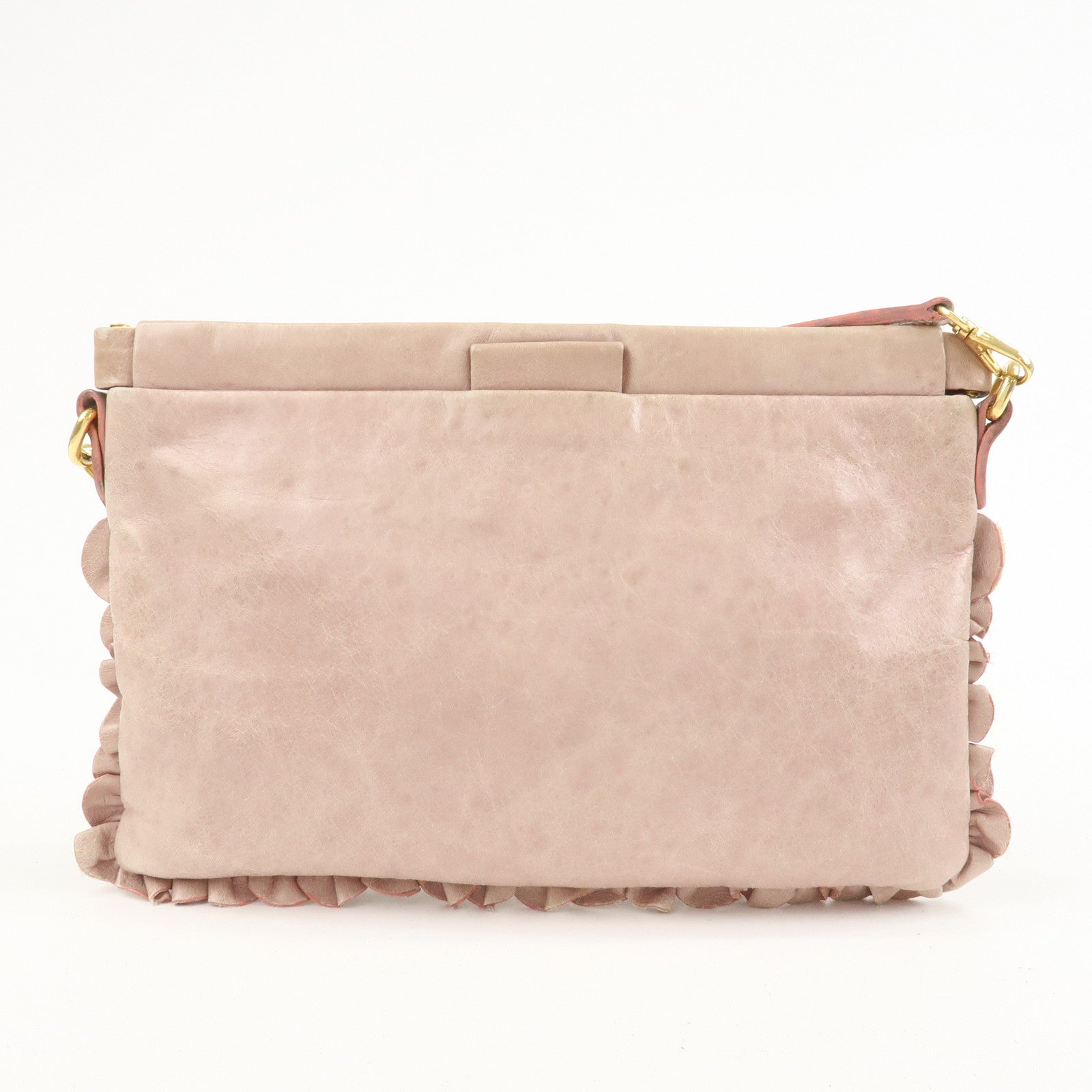 MIU MIU Logo Frilled Leather Shoulder Bag Crossbody Bag Pink Beige