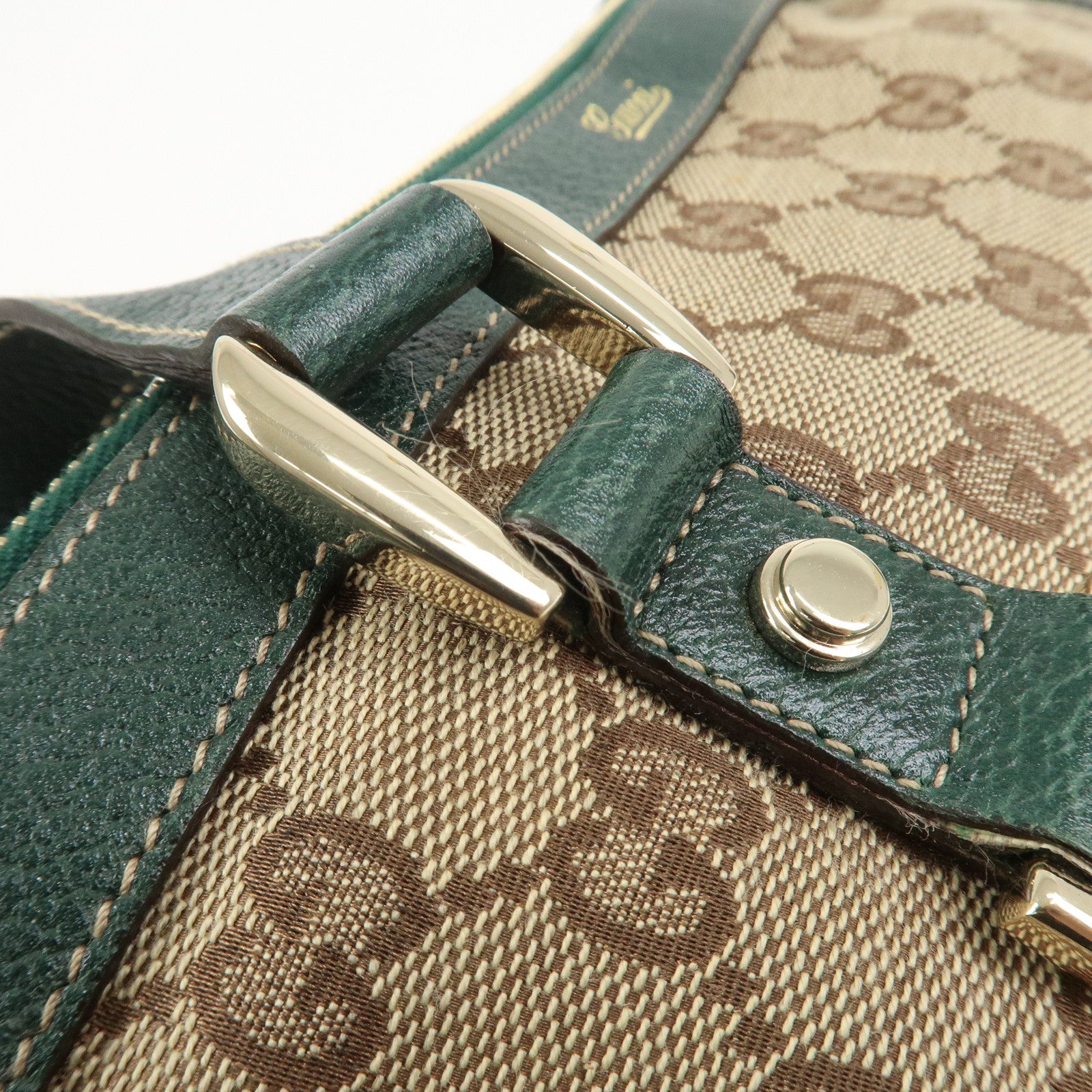 GUCCI Abbey GG Canvas Leather Tote Bag Beige Dark Green 141470