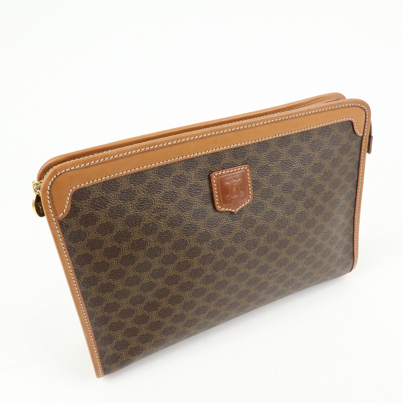 CELINE Macadam PVC Coated Canvas Leather Clutch Bag Pouch Brown
