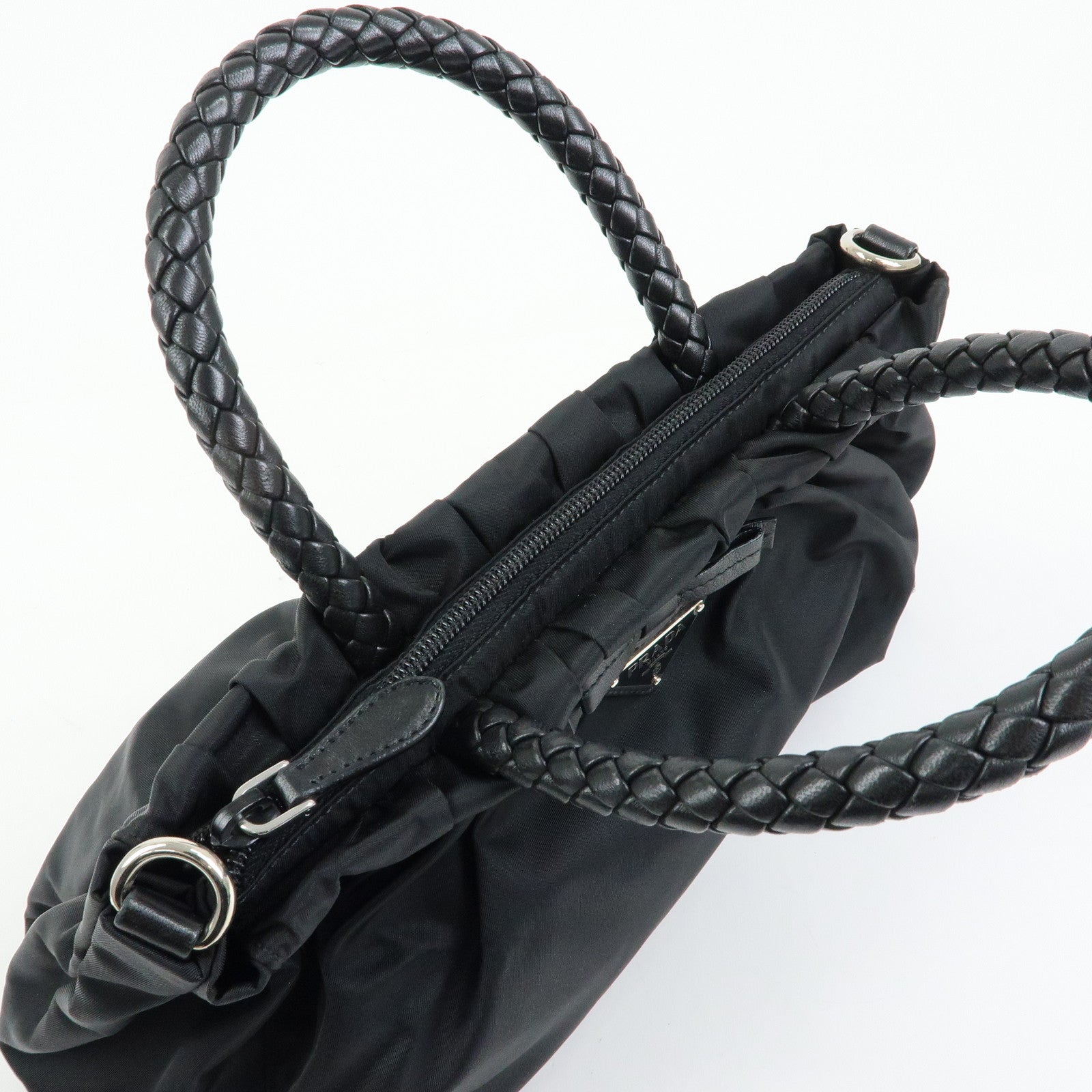 PRADA Triangle Logo Ribbon Nylon Leather 2Way Hand Bag Black BN1631