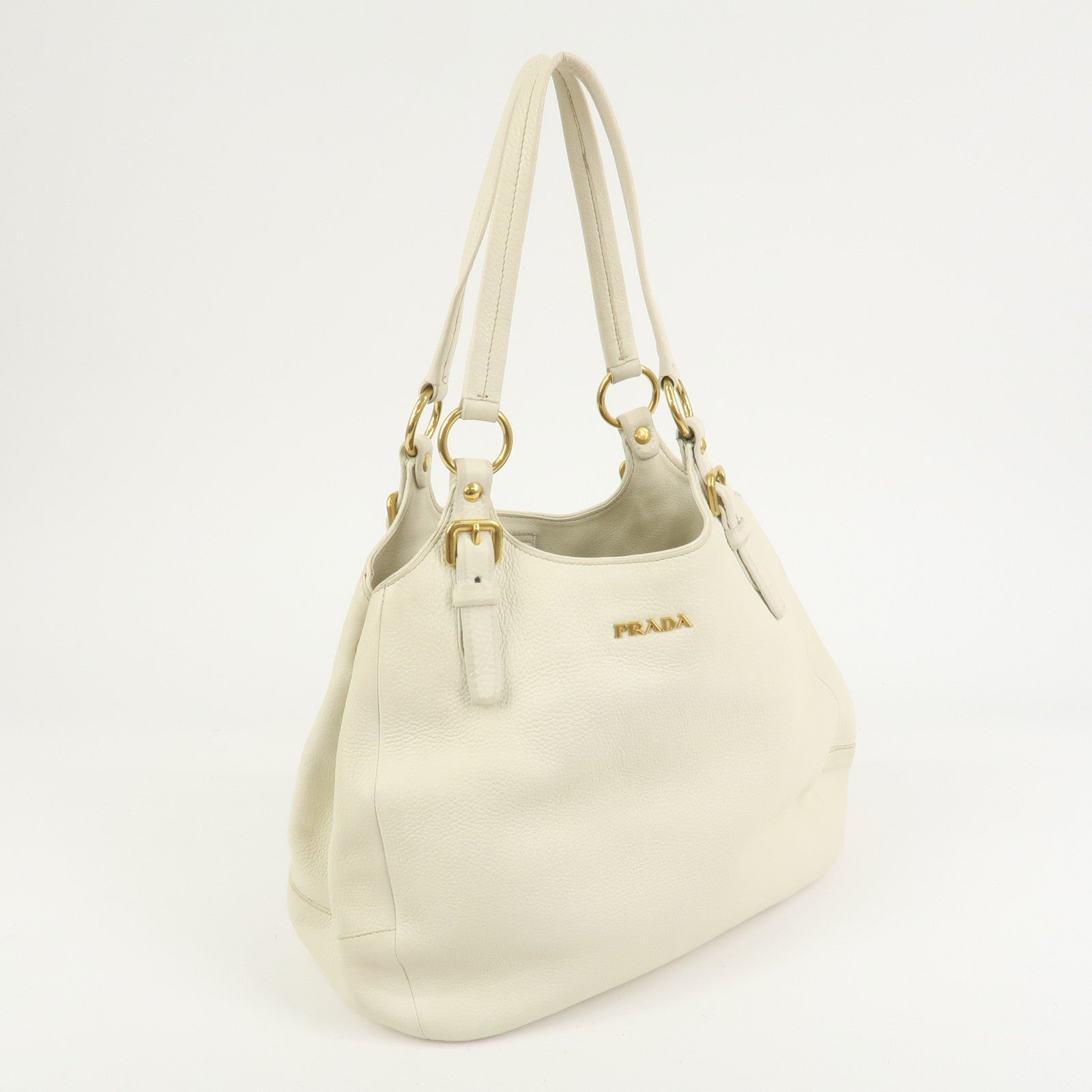 PRADA Logo Leather Shoulder Bag Hand Bag Ivory Gold BR4085
