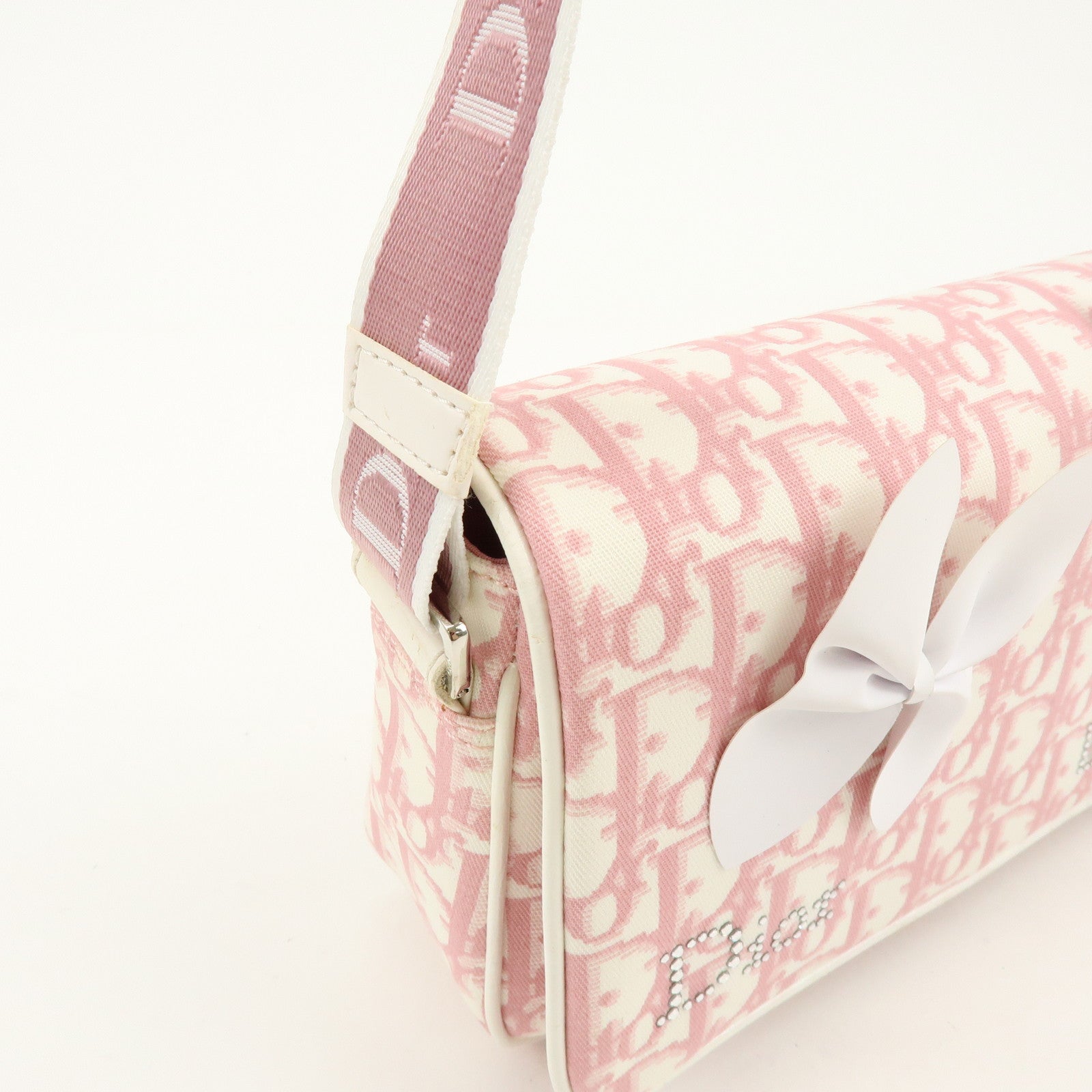 Christian Dior Trotter Canvas Rhinestone Leather Shoulder Bag Pink
