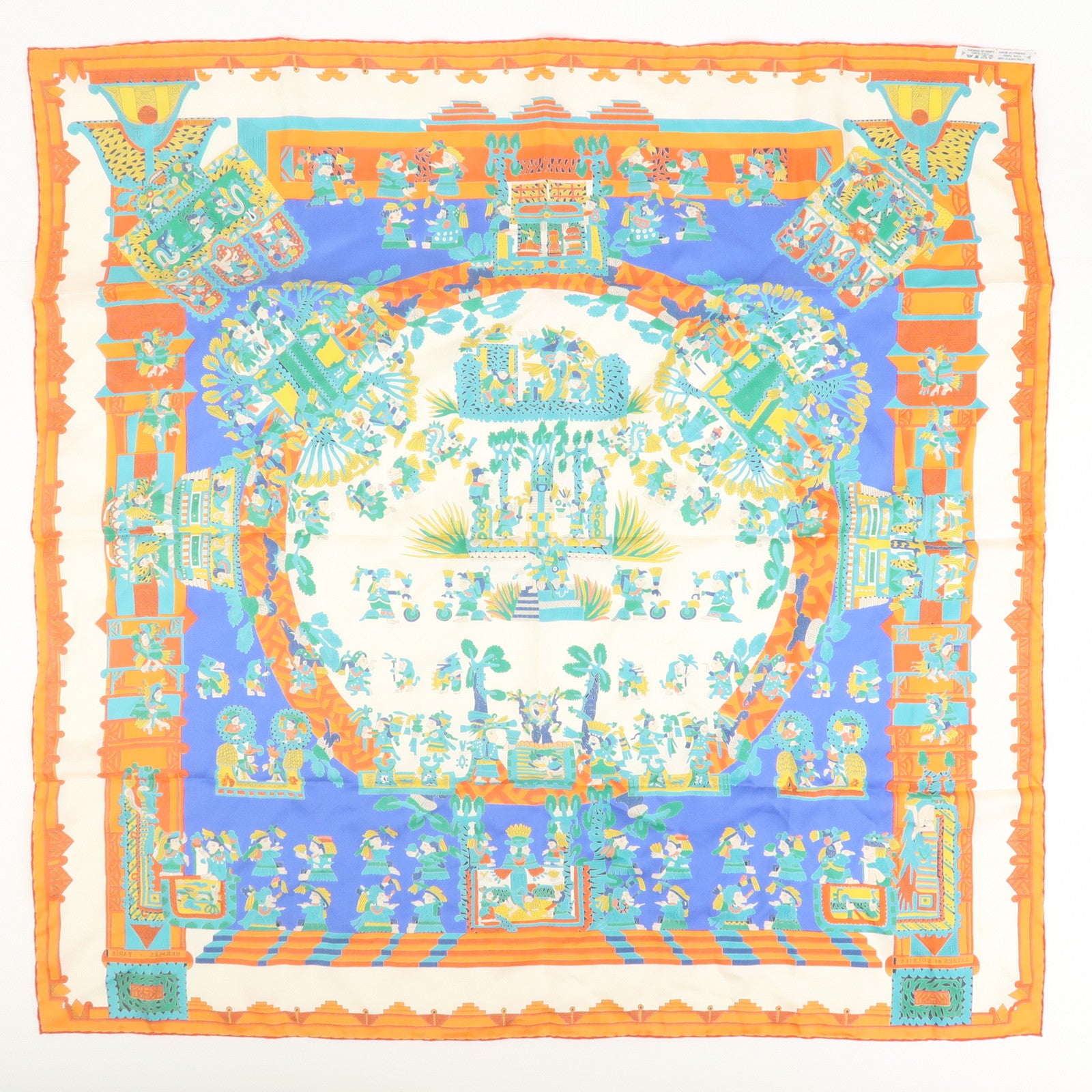 HERMES Carre 90 Silk 100% Scarf ASTRES ET SOLEILS Orange Green Blue