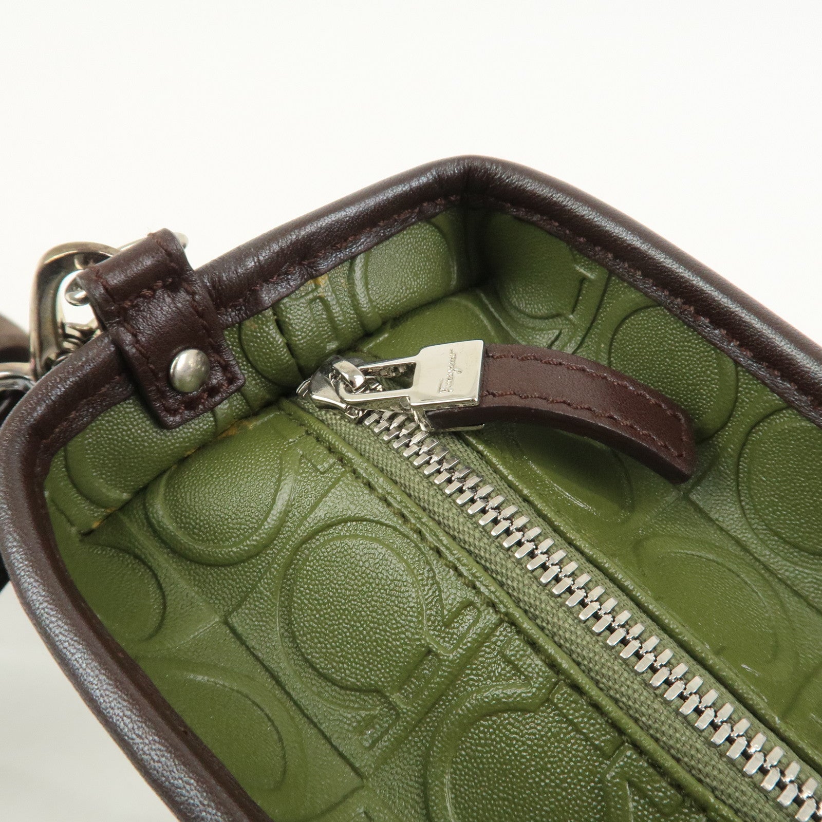 Ferragamo Gancini Embossed Leather 2Way Hand Shoulder Bag Green