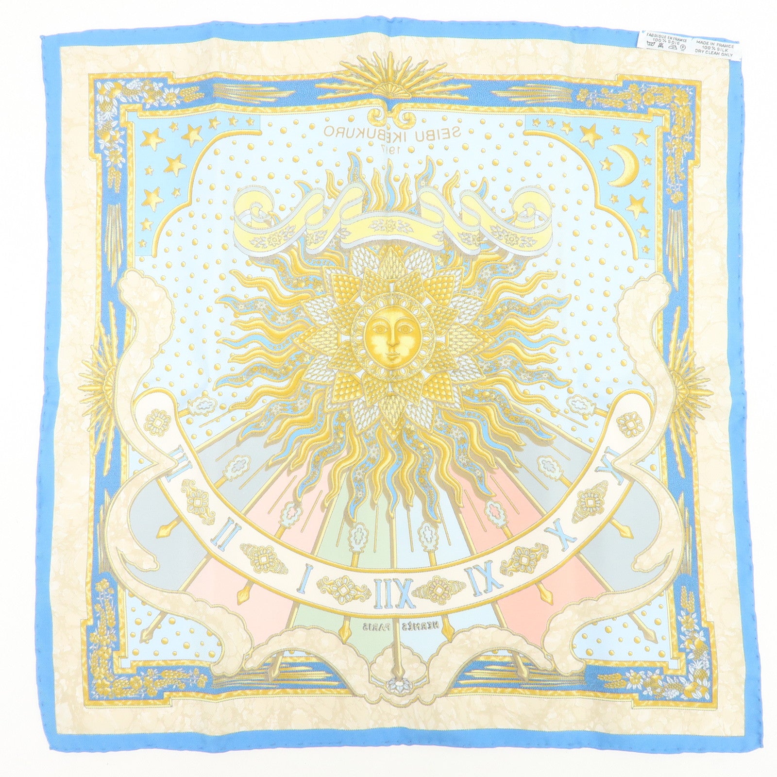 HERMES Petit Carre 40 Silk 100% GLORIA SOL Mini Scarf Beige Blue
