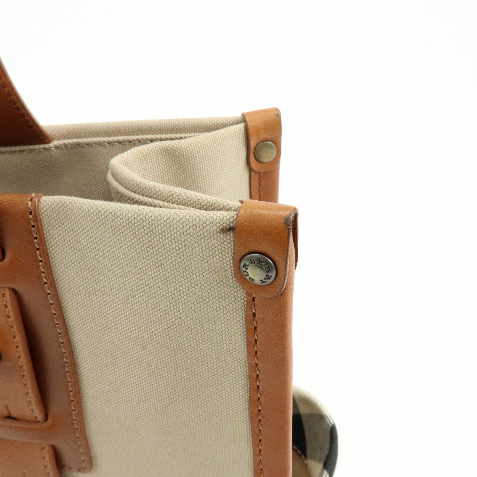 BURBERRY Nova Plaid Canvas Leather Tote Bag Hand Bag Beige Brown