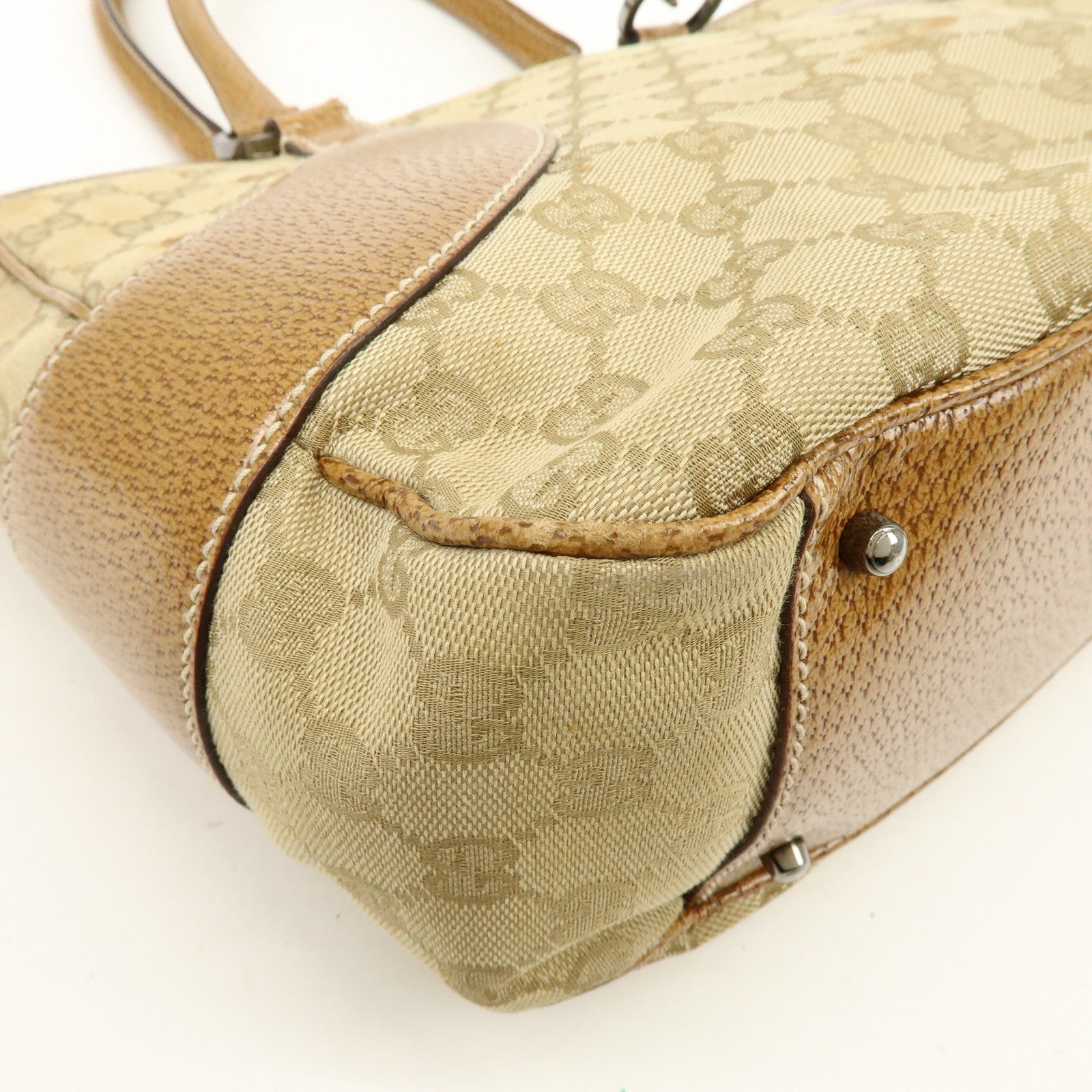 GUCCI GG Canvas Leather Tote Bag Hand Bag Beige Camel 113011