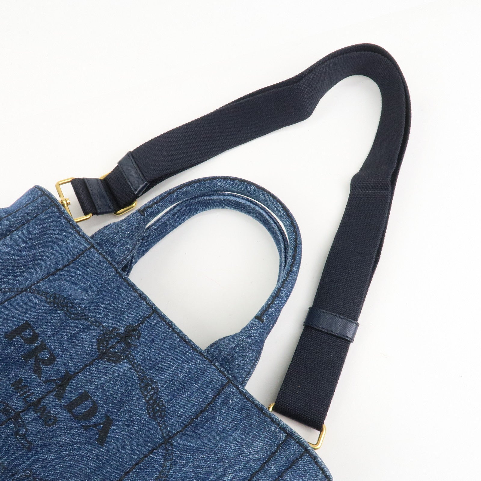 PRADA Canapa Mini Canvas Denim 2Way Shoulder Hand Bag Navy B2439G Used