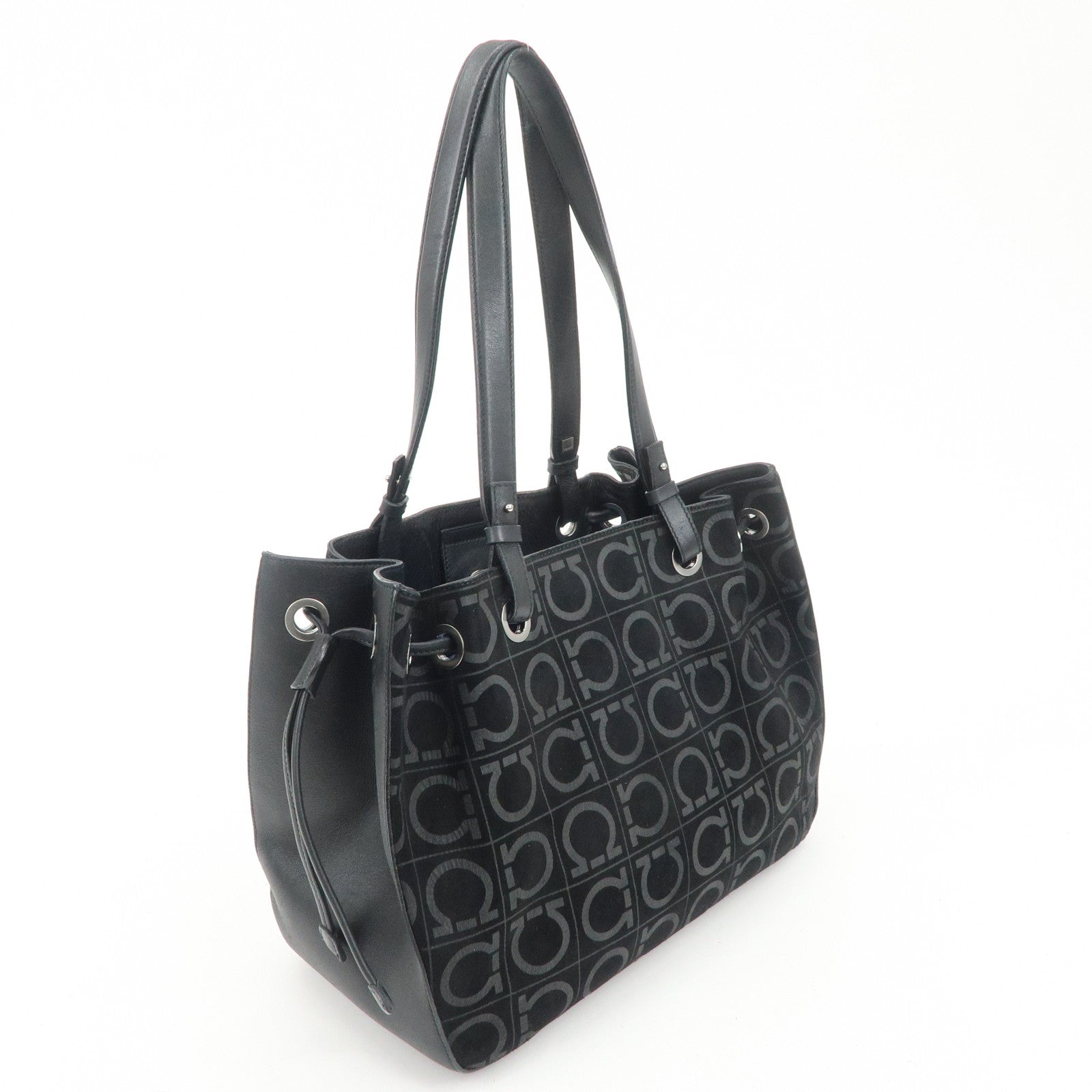 Ferragamo Gancini Leather Suede Shoulder Bag Hand Bag Black