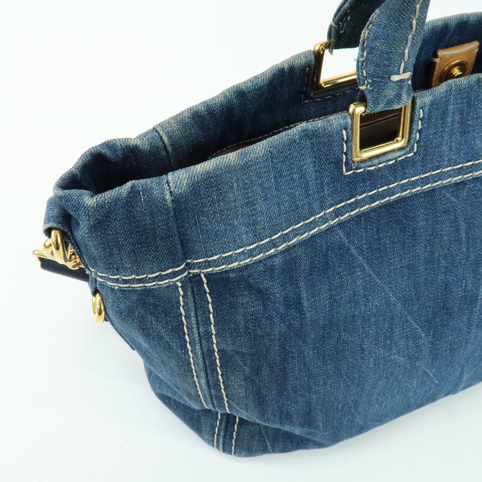 PRADA Triangle Logo Denim 2Way Bag Hand Shoulder Bag Blue BN2069