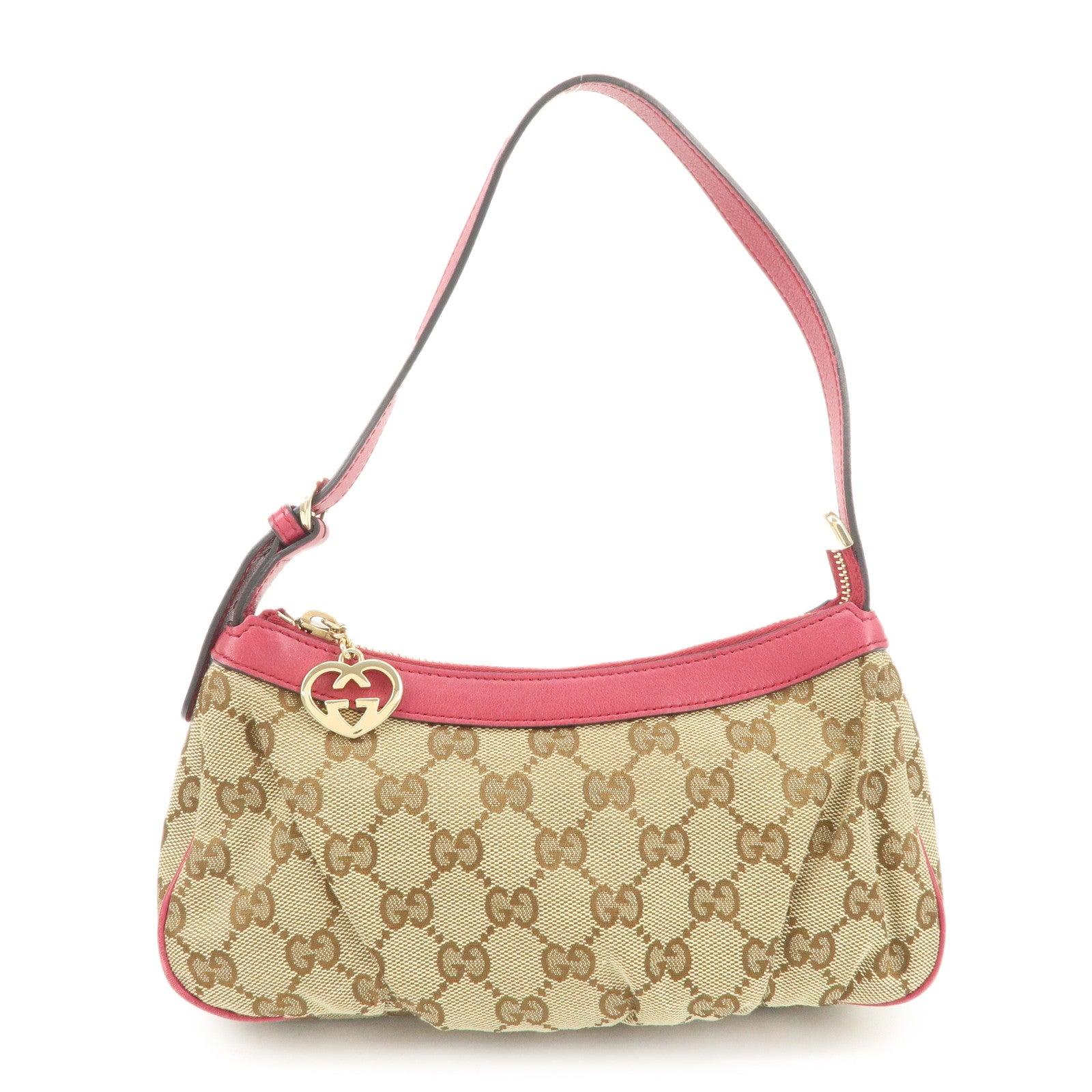 GUCCI Lovely Heart GG Canvas Leather Hand Bag Beige Red 245938