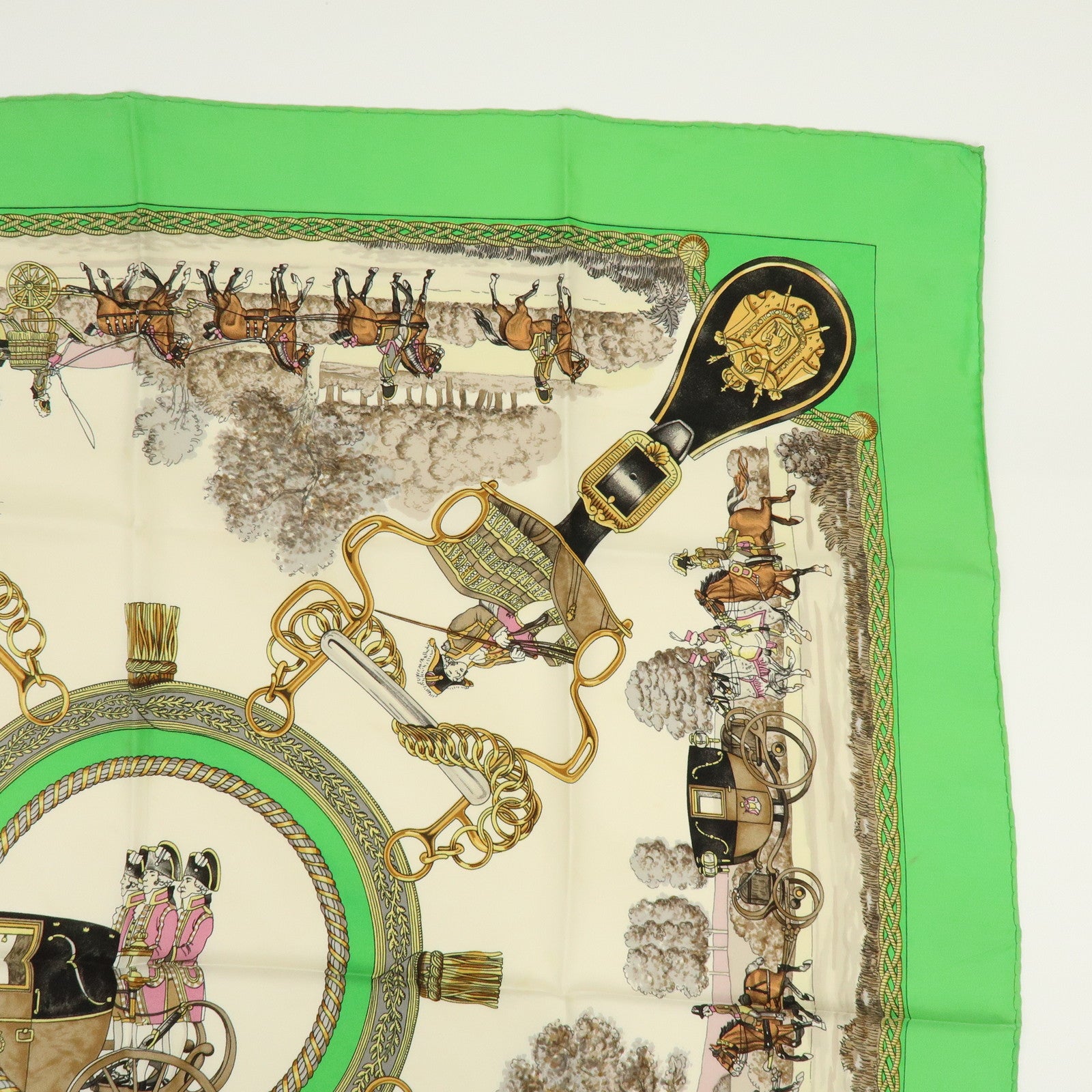 HERMES Carre 90 Silk 100% Scarf GRANDS ATTELAGES Green Pink Gold