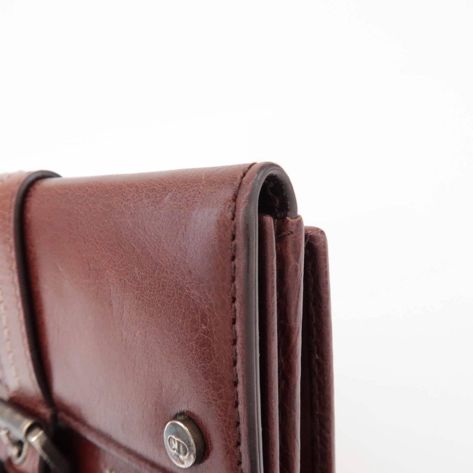 Christian Dior Leather Flower Embroidery Motif Compact Wallet Brown