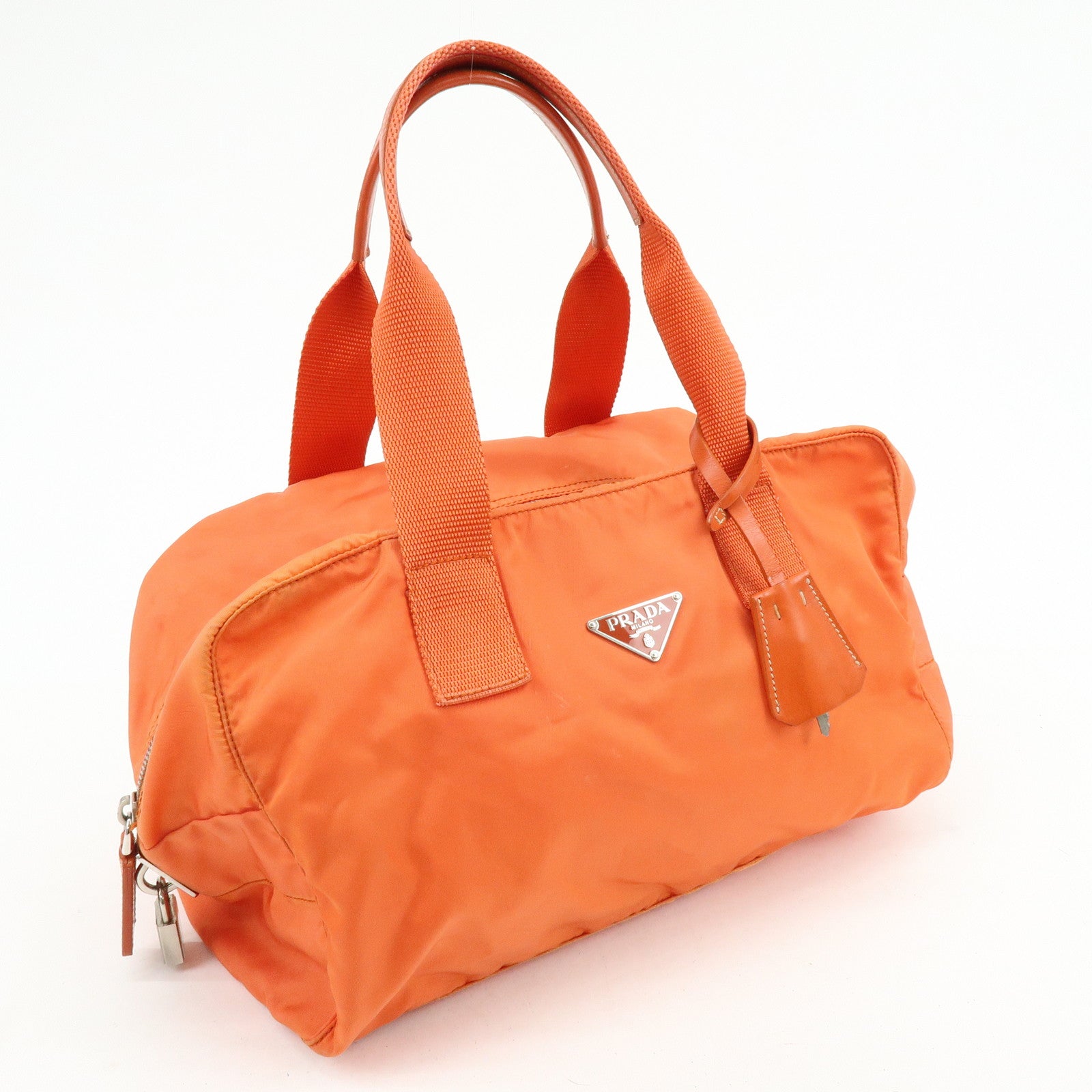 PRADA Triangle Logo Nylon Boston Bag Hand Bag Orange