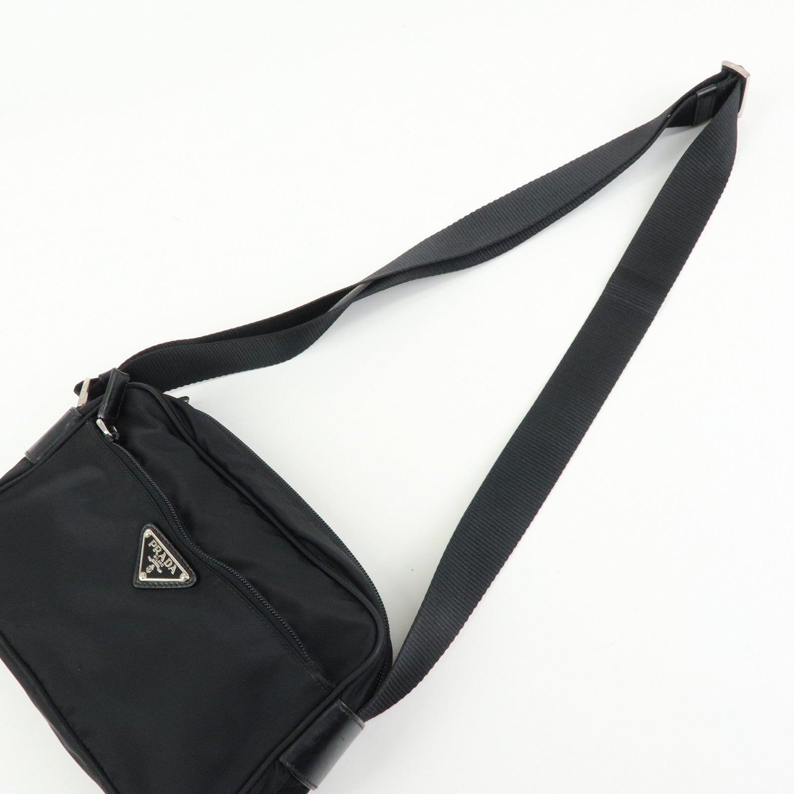 PRADA Triangle Logo Nylon Leather Shoulder Crossbody Bag Black