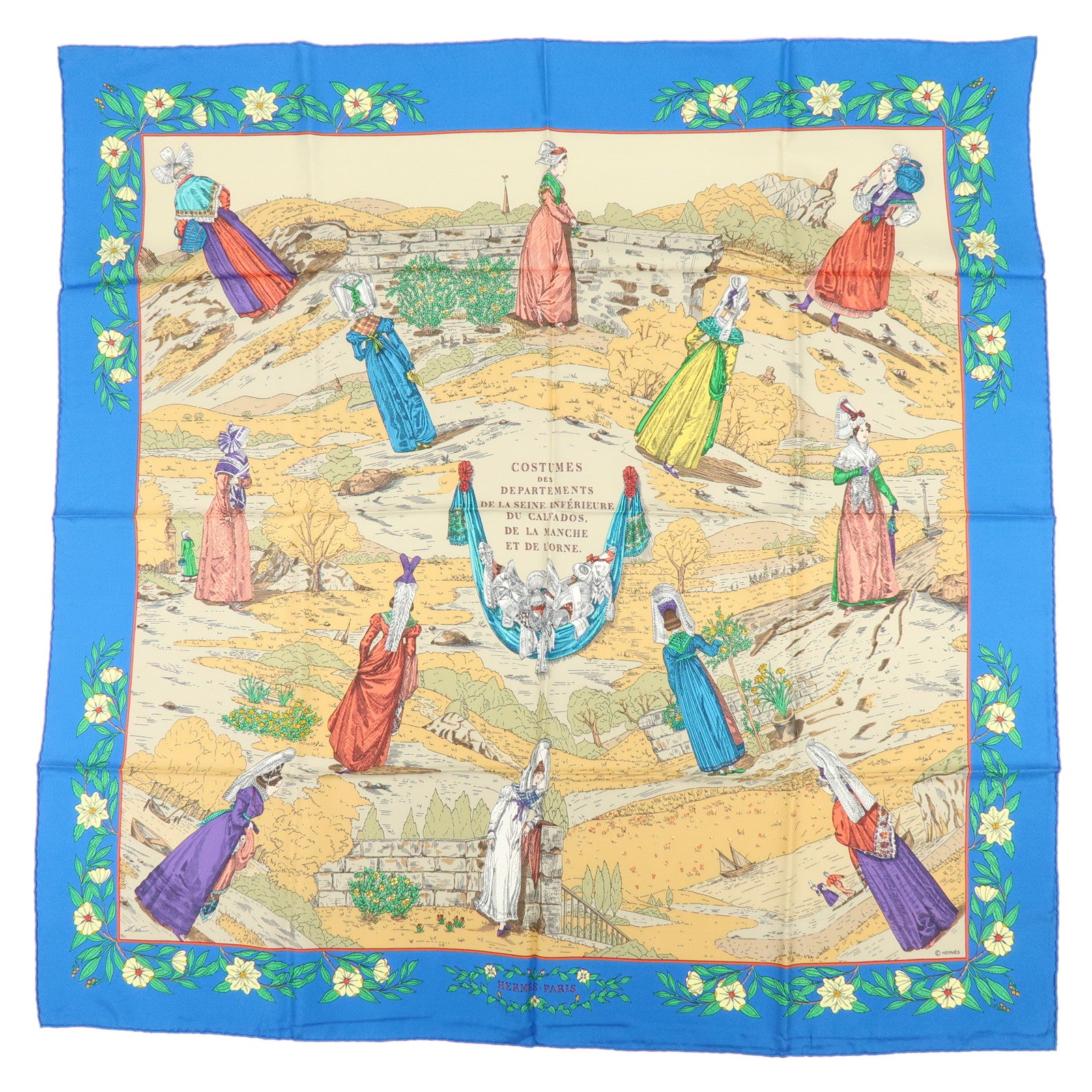 HERMES Carre 90 Silk 100% Scarf COSTUMES DES DEPARTEMENTS Blue