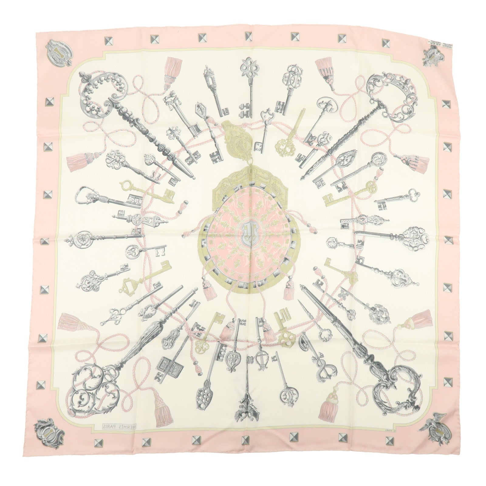 HERMES Carre 90 Silk 100% Scarf LES CLES THE KEYS RARE Ivory Pink
