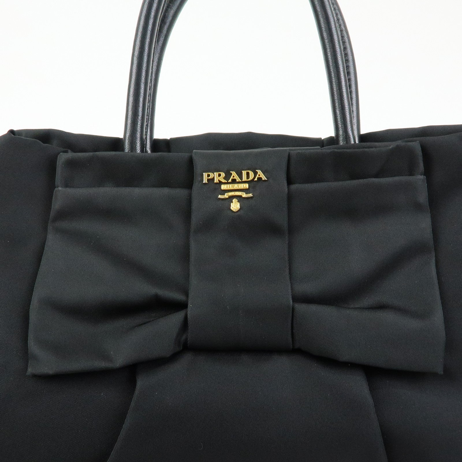 PRADA Ribbon Nylon Leather Hand Bag Tote Bag Black BN1601
