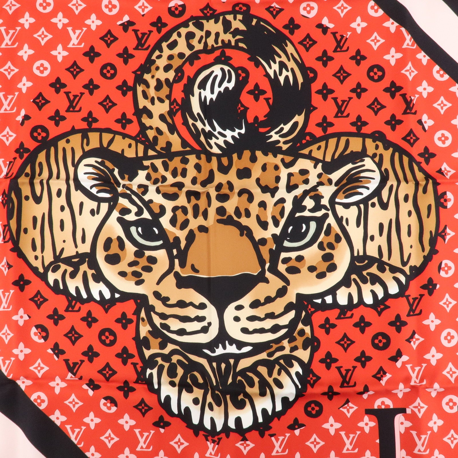 Louis Vuitton Monogram Carre Animal Silk 100% Scarf Red Beige M70693 Used