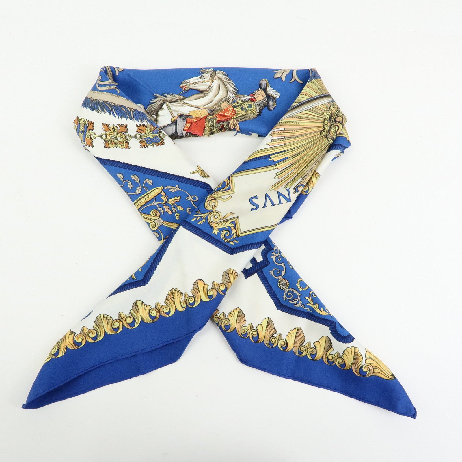 HERMES Carre 90 Silk 100% LVDOVICVS MAGNVS Scarf Blue Gold