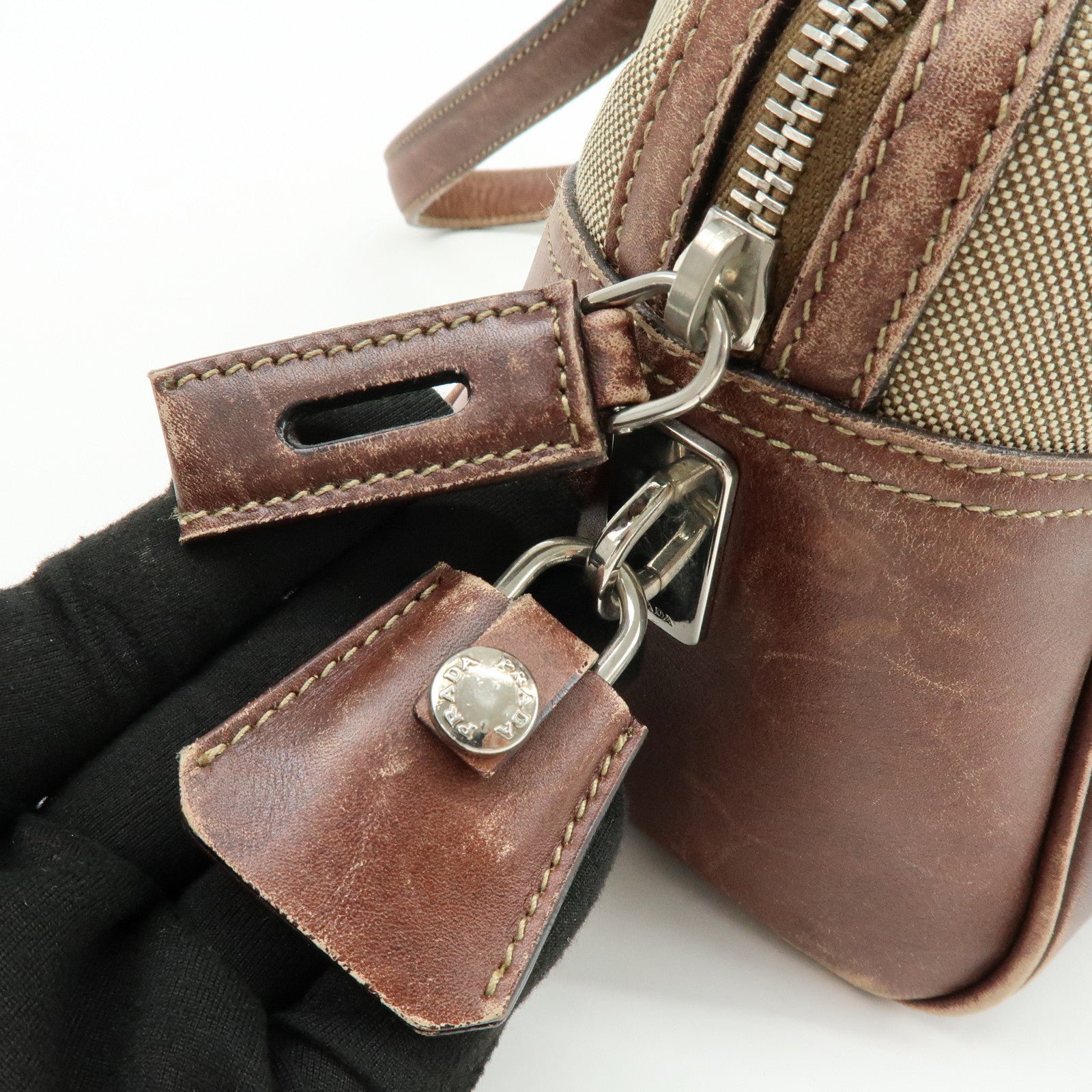 PRADA Leather Logo Jacquard Tote Bag Hand Bag Beige Brown