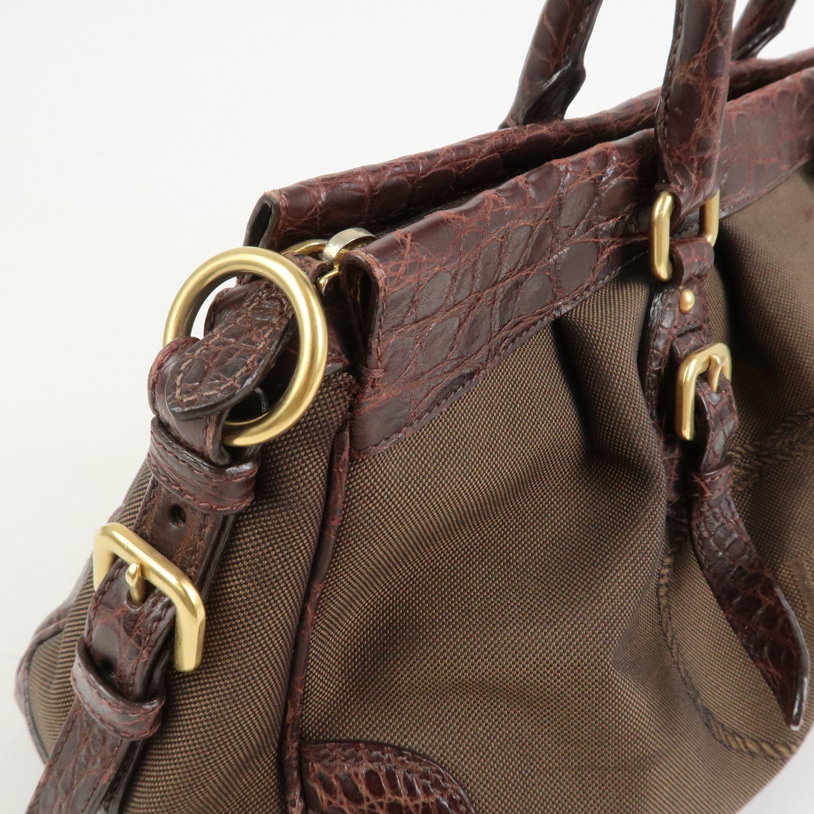 PRADA Logo Canvas Embossed Leather 2Way Shoulder Bag Hand Bag Brown