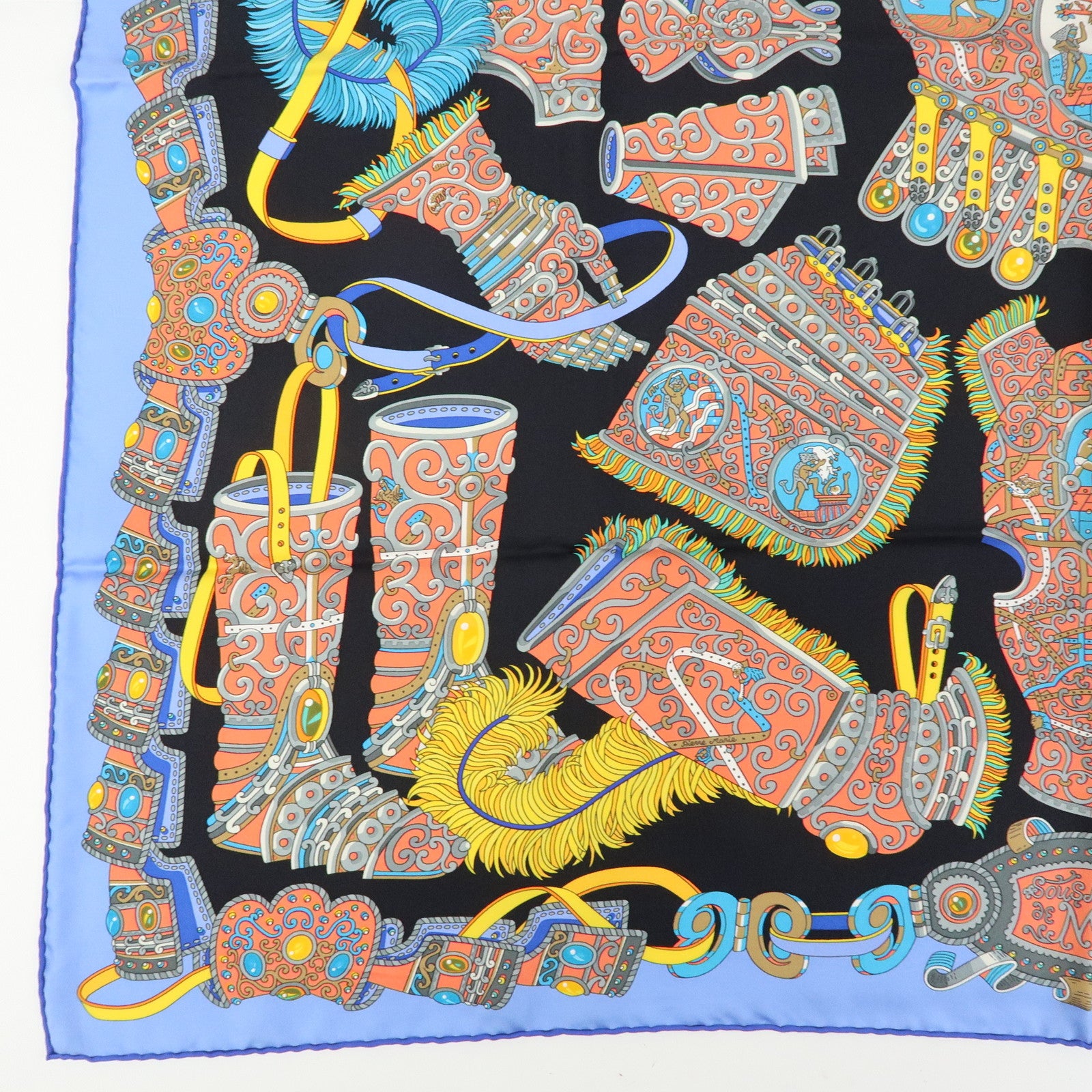 HERMES Carre 90 Silk 100% Scarf SOUS LE GIDE DE MARS Black Blue
