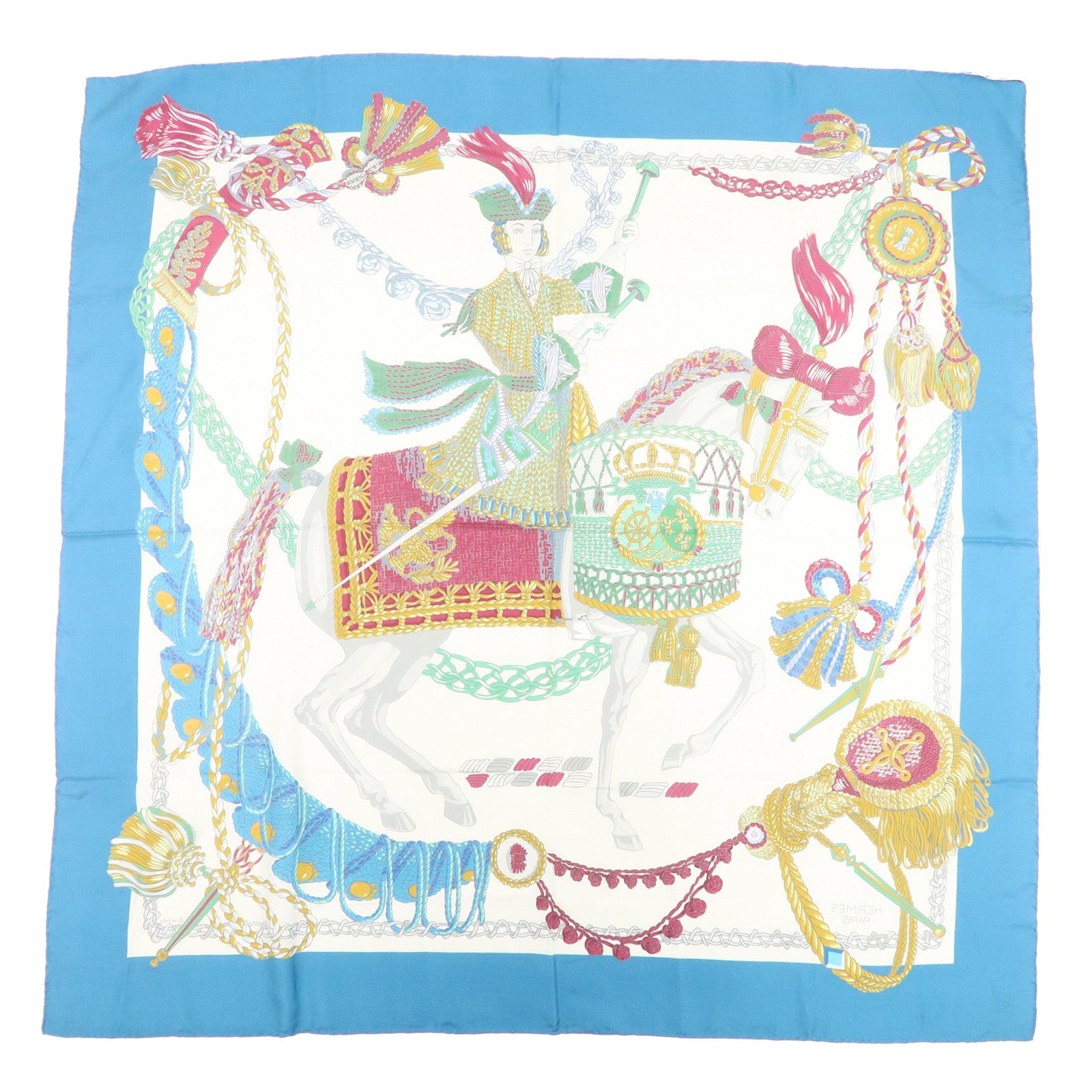 HERMES Carre 90 Silk 100% Scarf Le Timbalier Blue Gold