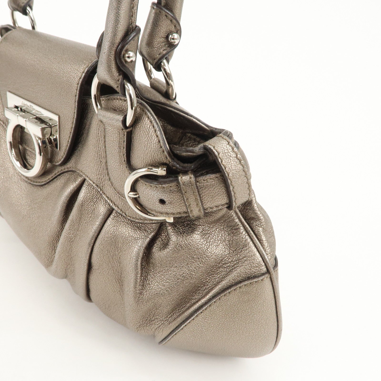 Ferragamo Gancini Leather Hand Bag Shoulder Bag Silver Gray