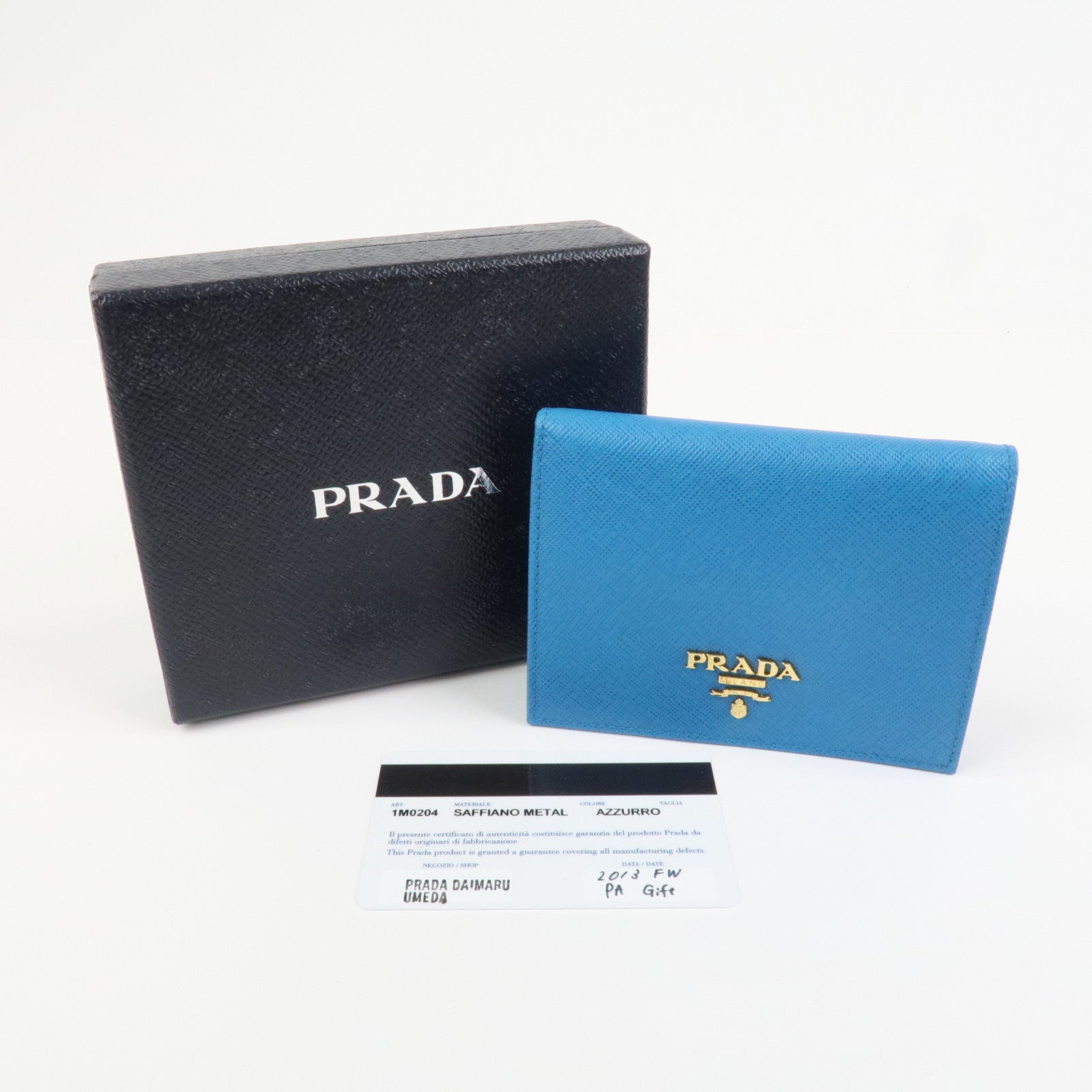 PRADA Saffiano Leather Bi-fold Compact Wallet Blue 1M0204