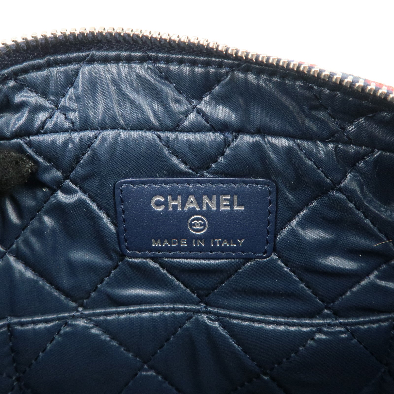 CHANEL COCO Mark COCO Beach Canvas Pouch Red Navy Silver HDW Used