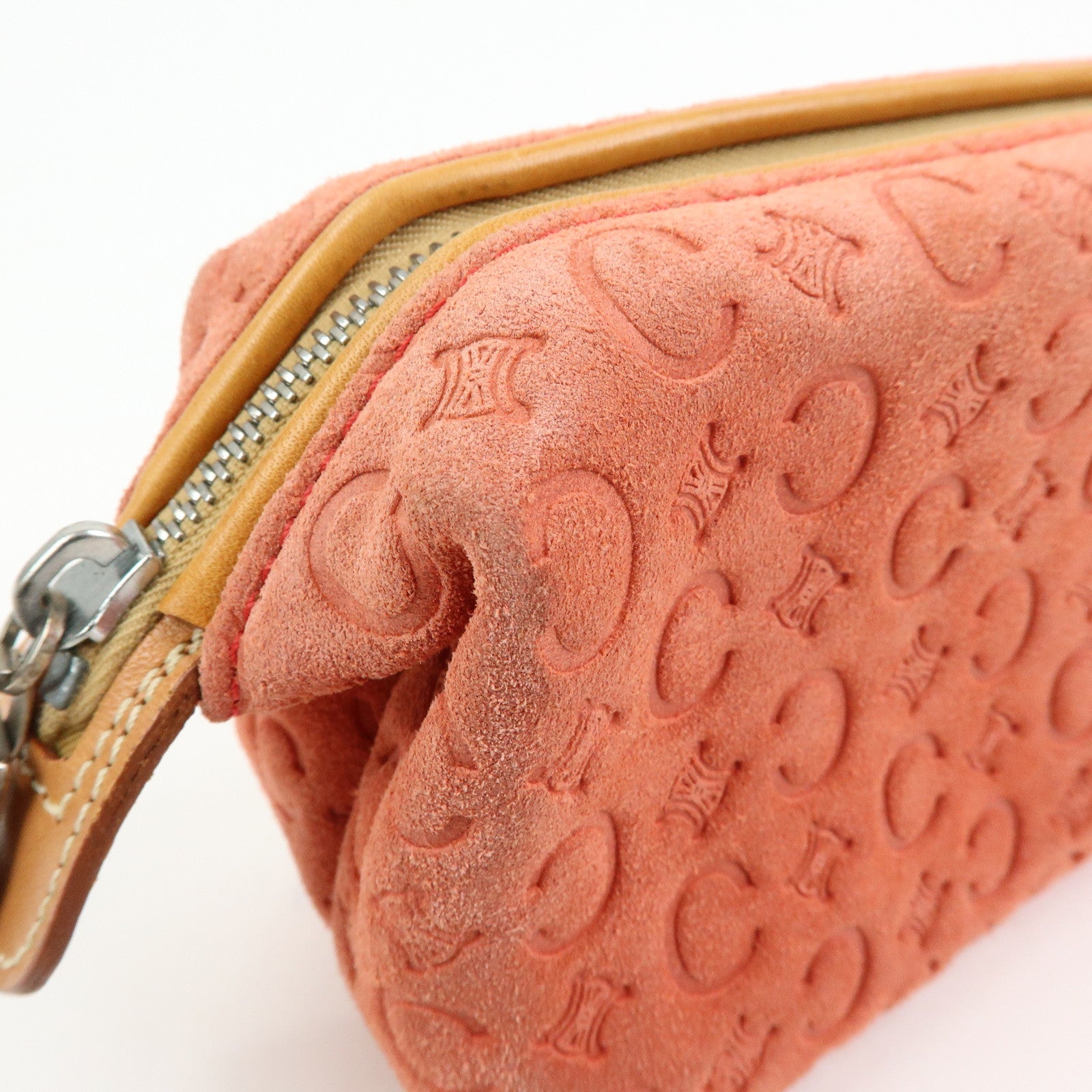CELINE C Macadam Suede Leather Pouch Cosmetic Case Coral