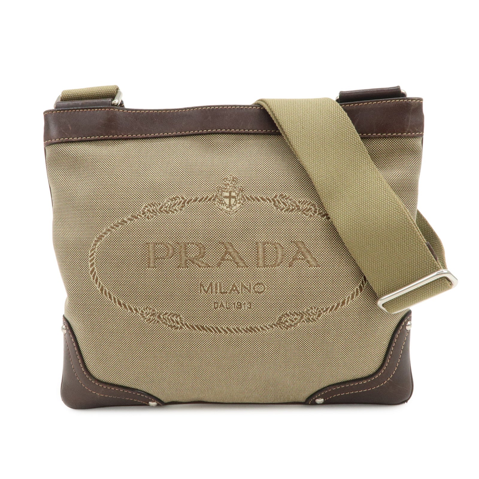 PRADA Logo Jacquard Leather Shoulder Bag Beige Brown BT0537