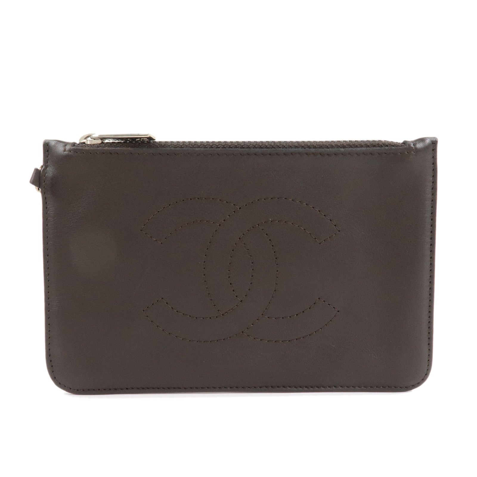 CHANEL Lamb Skin COCO Mark Pouch Silver Hardware Brown A25183