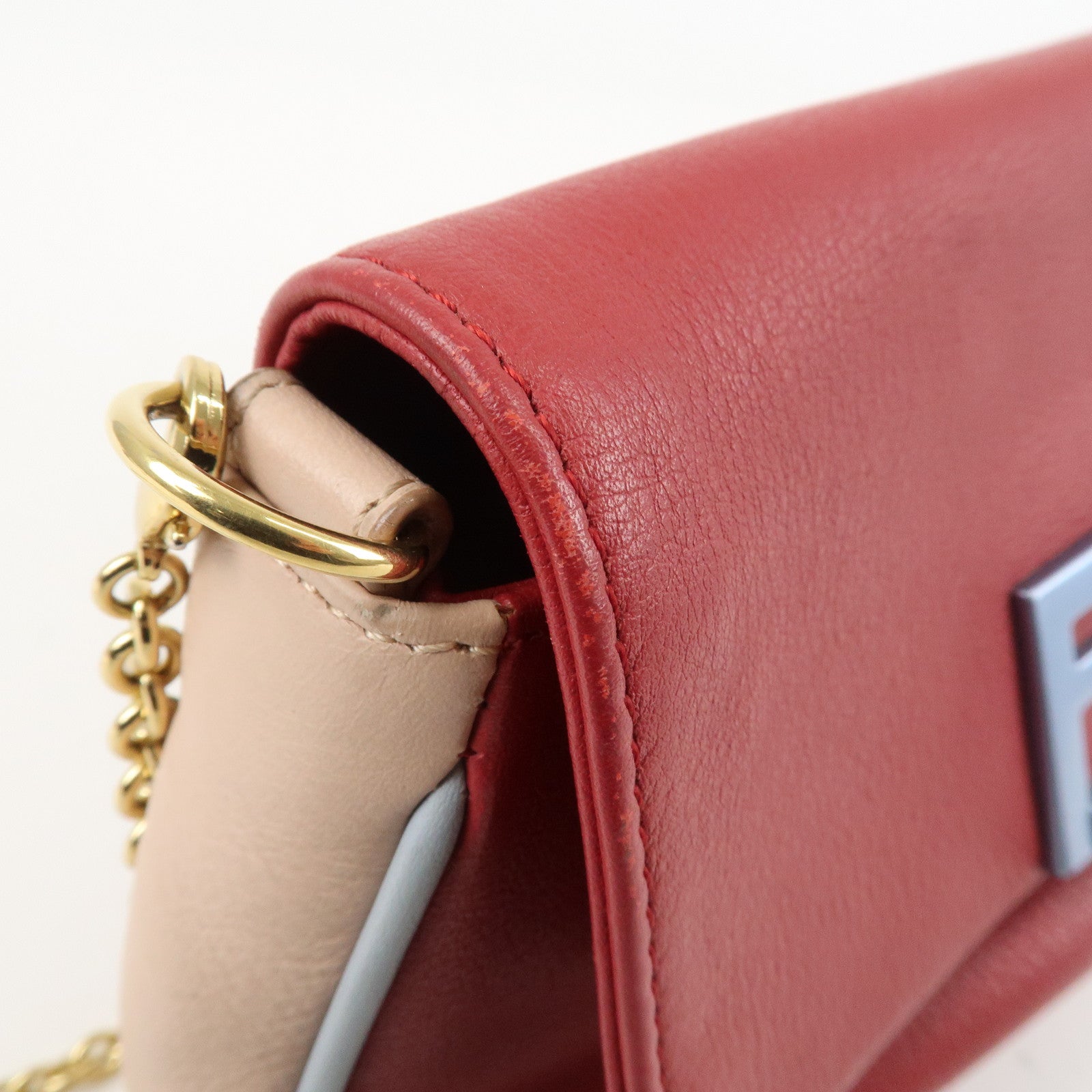 FENDI Leather Chain Shoulder Bag Purse Crossbody Bag Red 8M0276 Used