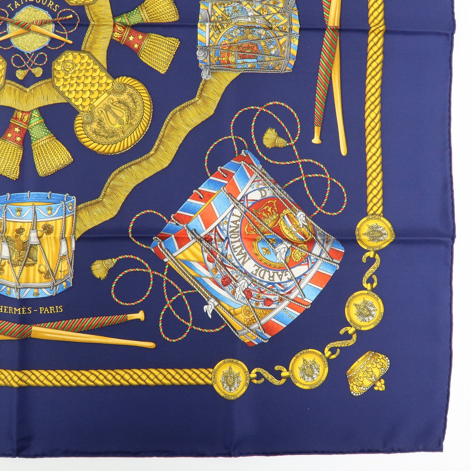 HERMES Carre 90 Silk 100% Scarf  LES TAMBOURS Navy Gold