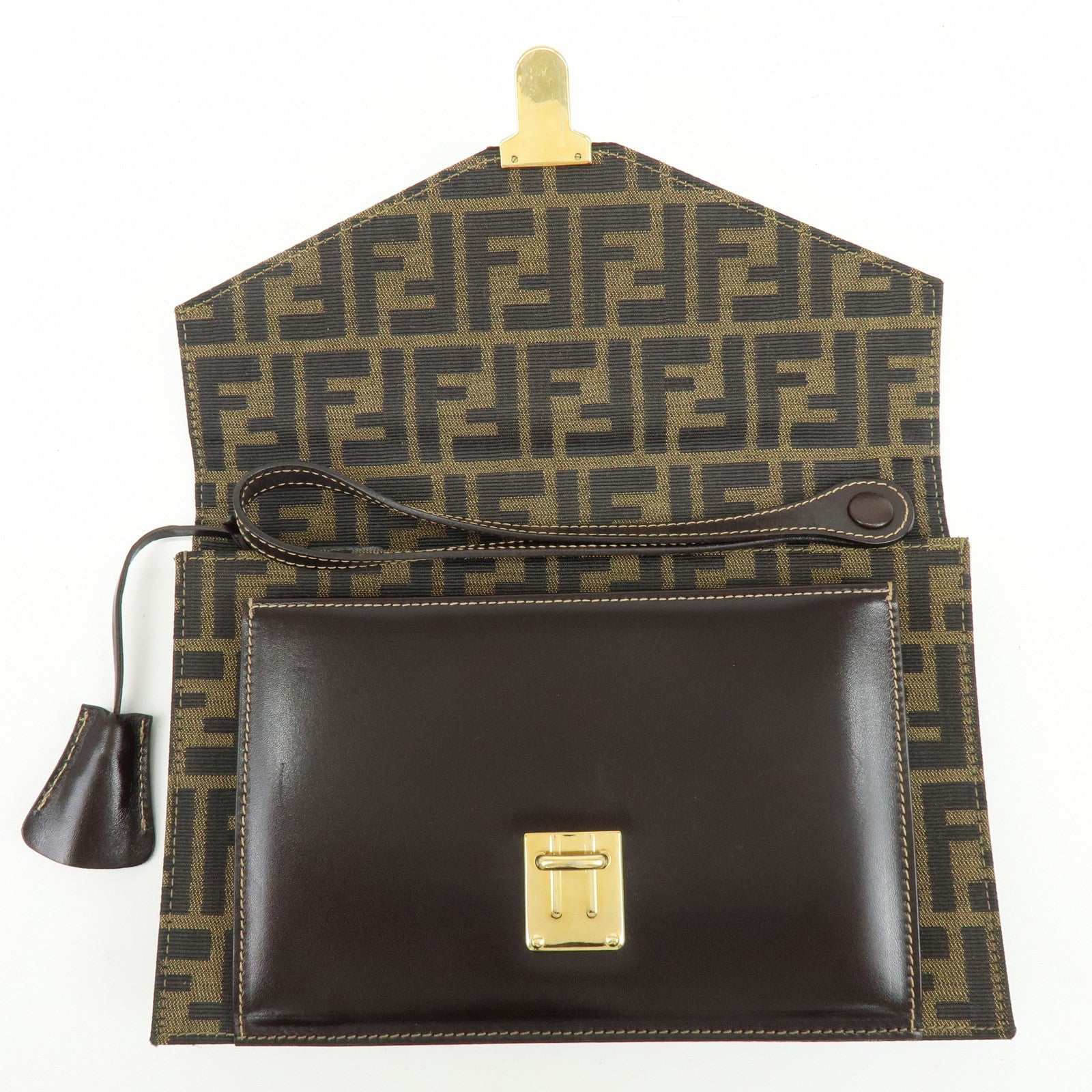 FENDI Zucca Canvas Leather Wrist Bag Clutch Bag Pouch Brown Black