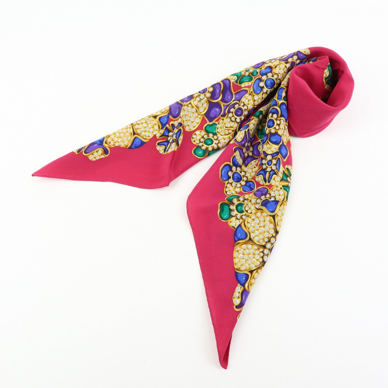 CHANEL Silk 100% Flower Jewelry Motif Scarf Pink Gold