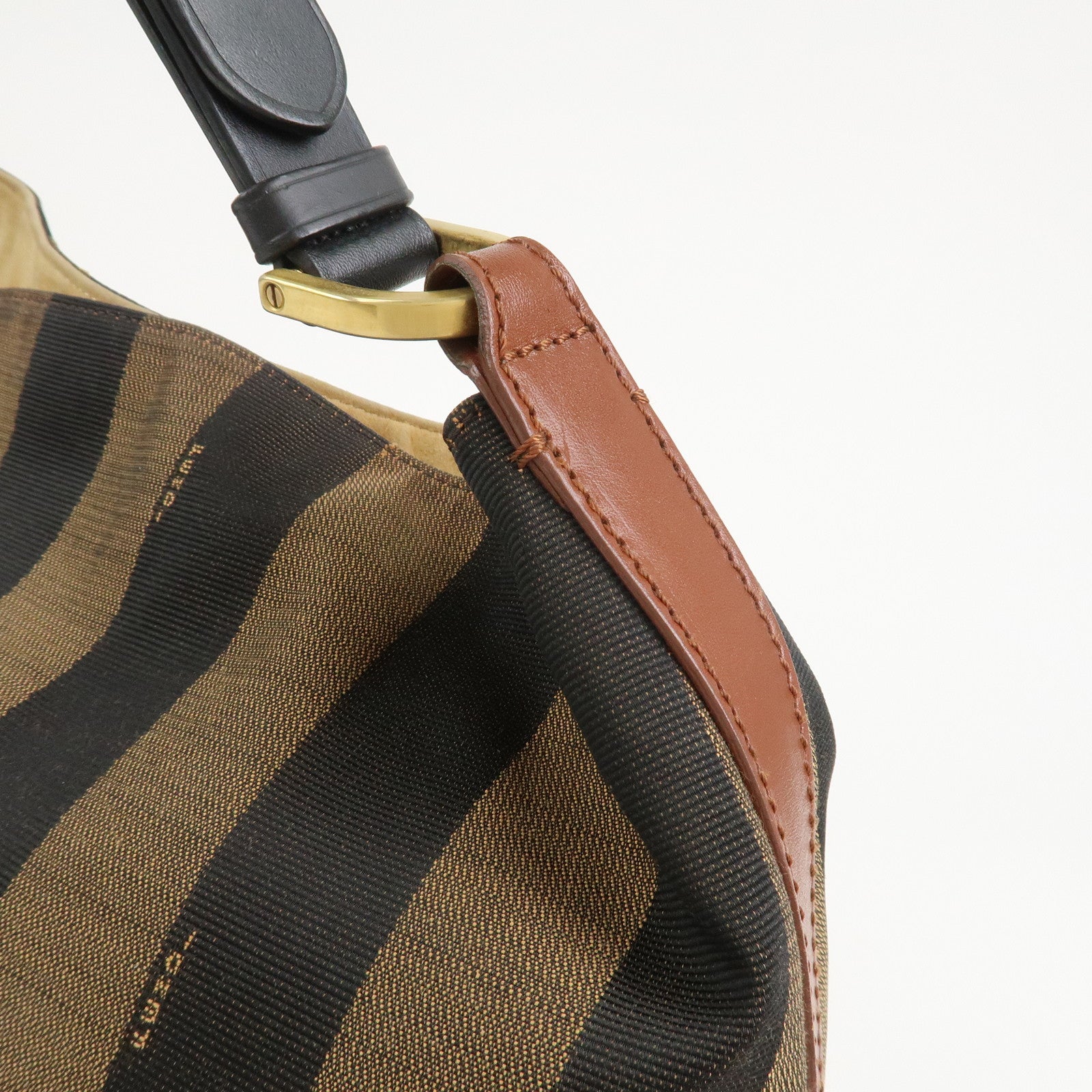 FENDI Pequin Canvas Leather Shoulder Bag Hand Bag Brown 8BR653