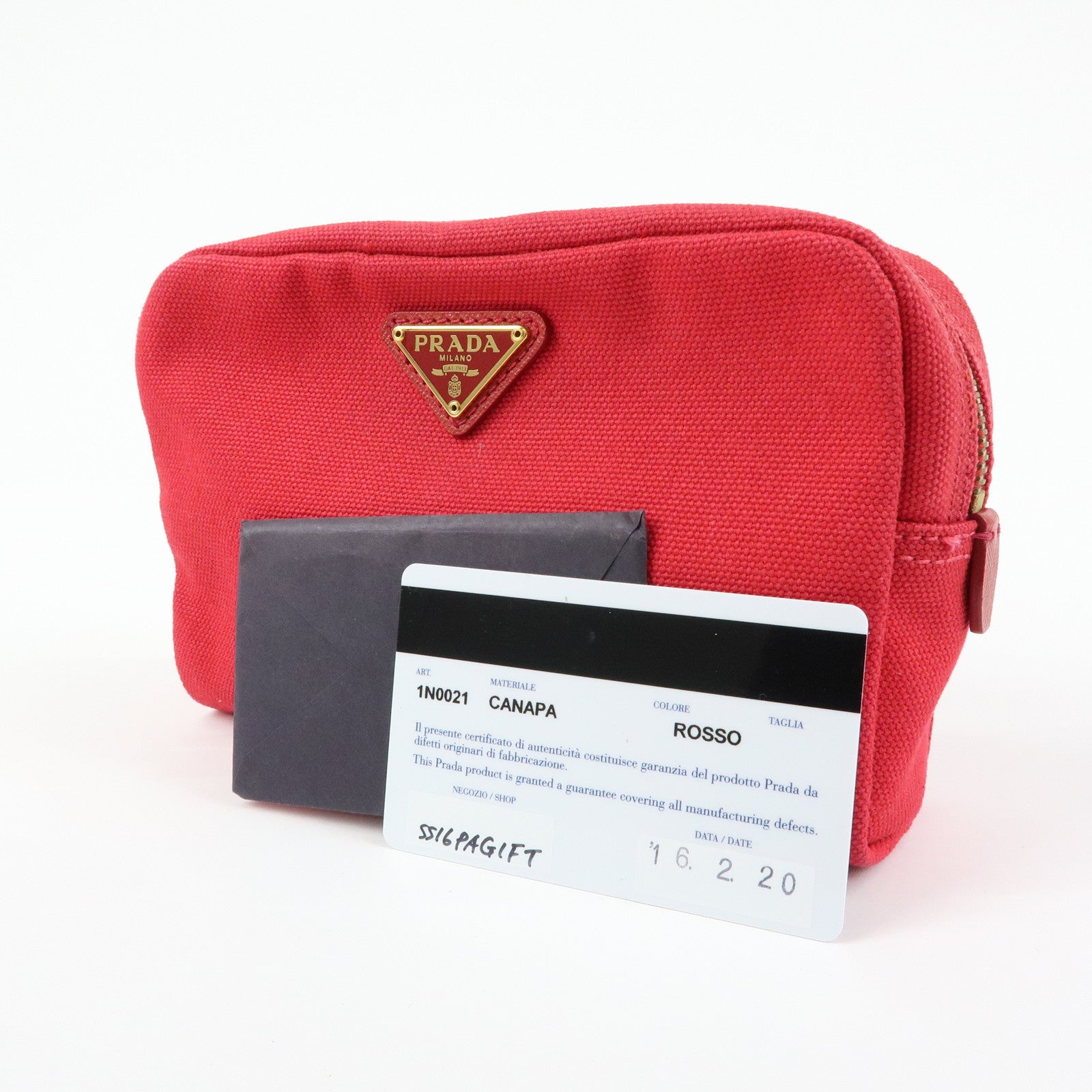 PRADA Triangle Logo Canvas Saffiano Leather Pouch Red 1N0021