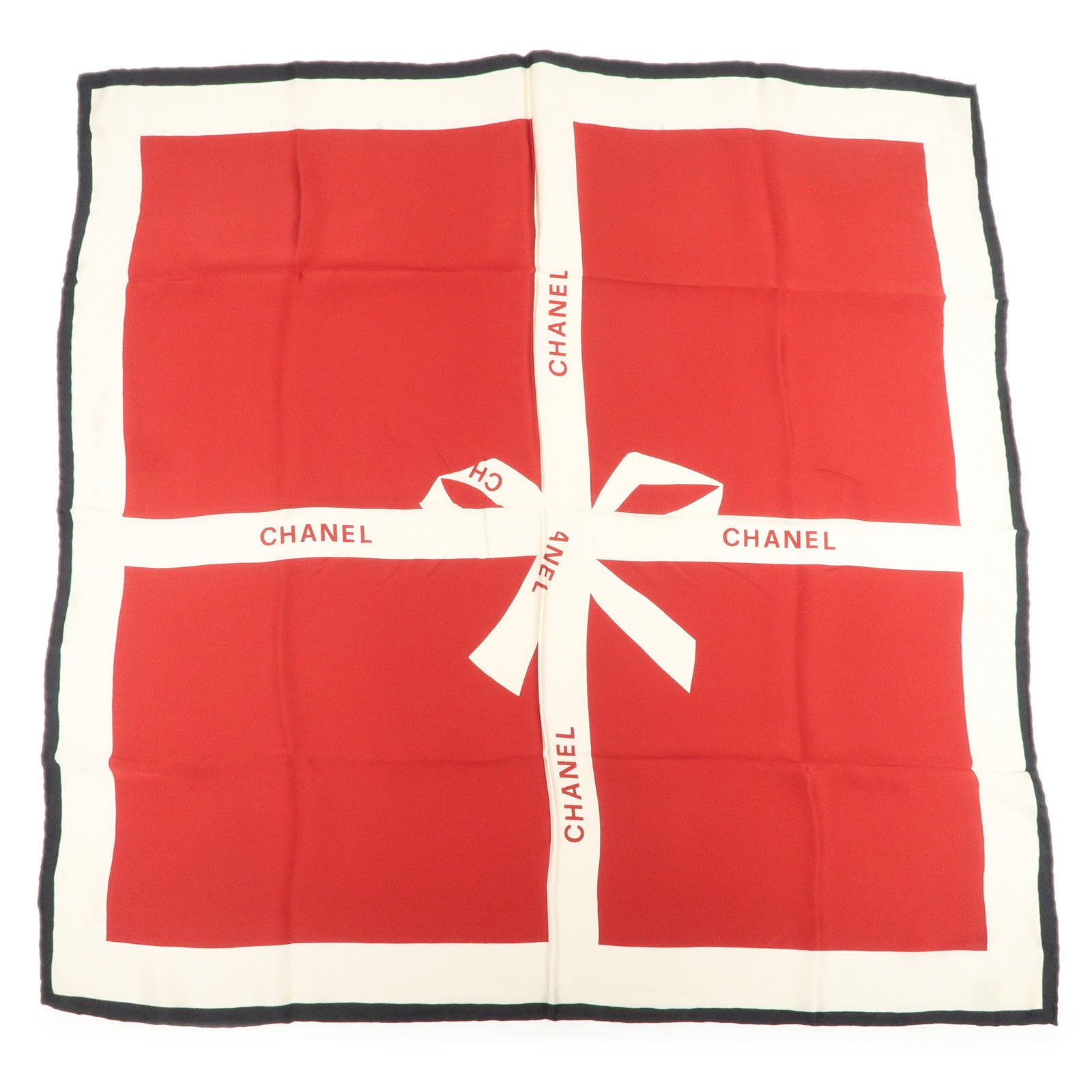 CHANEL Silk 100% 86×86 Scarf Shawl Ivory Red Black