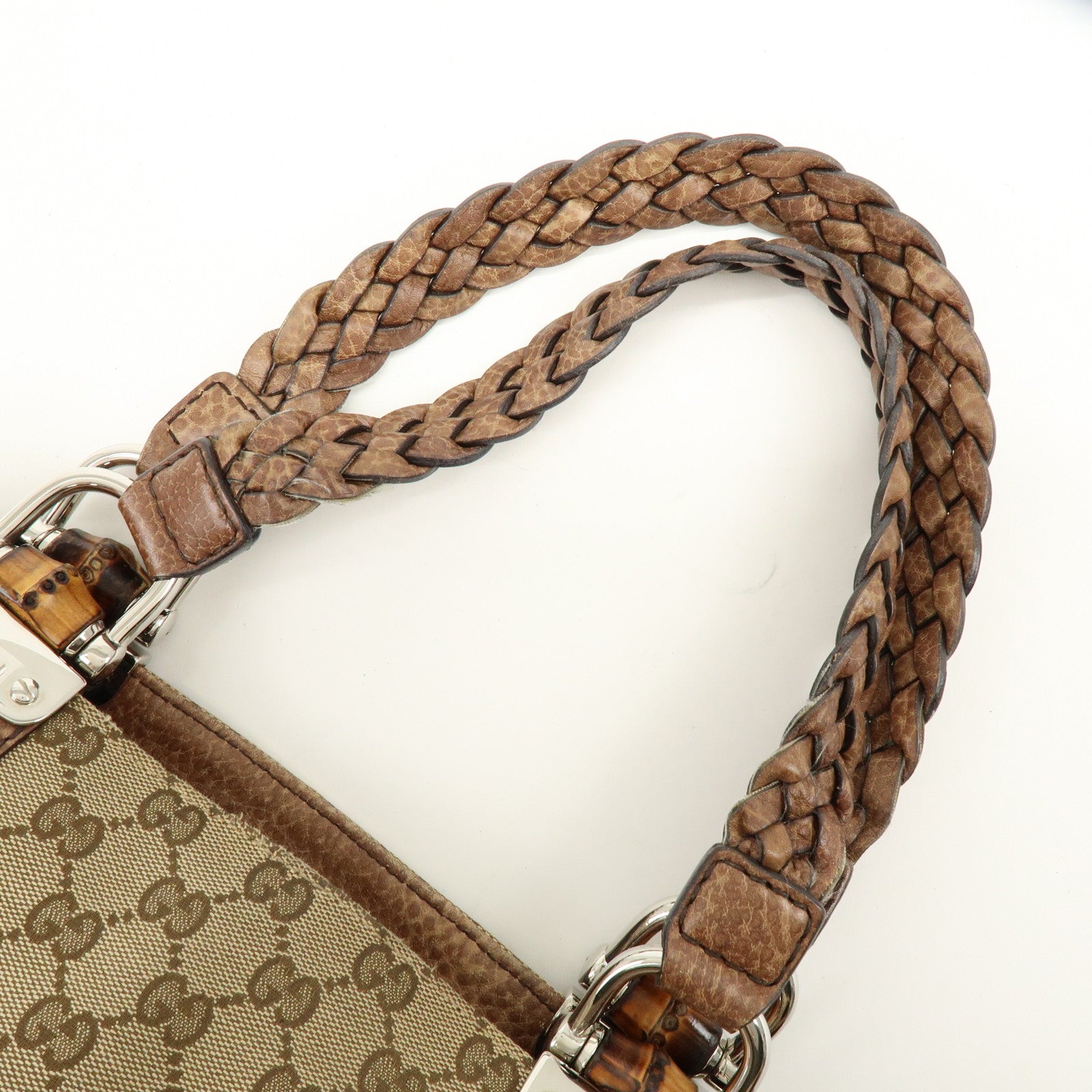 GUCCI Bamboo GG Canvas Leather Tote Bag Shoulder Bag Beige 232946