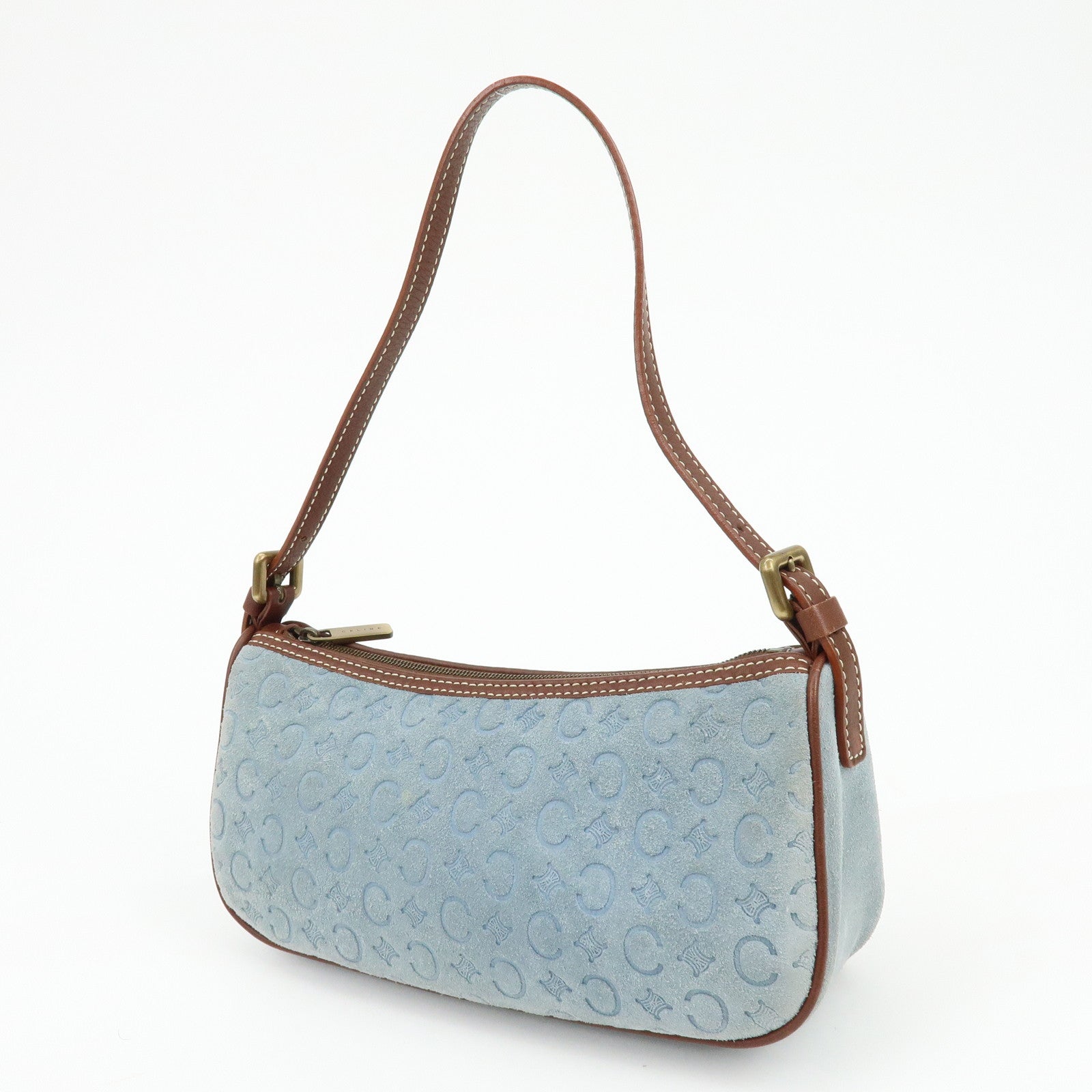 CELINE C Macadam Suede Leather Shoulder Bag Hand Bag Light Blue